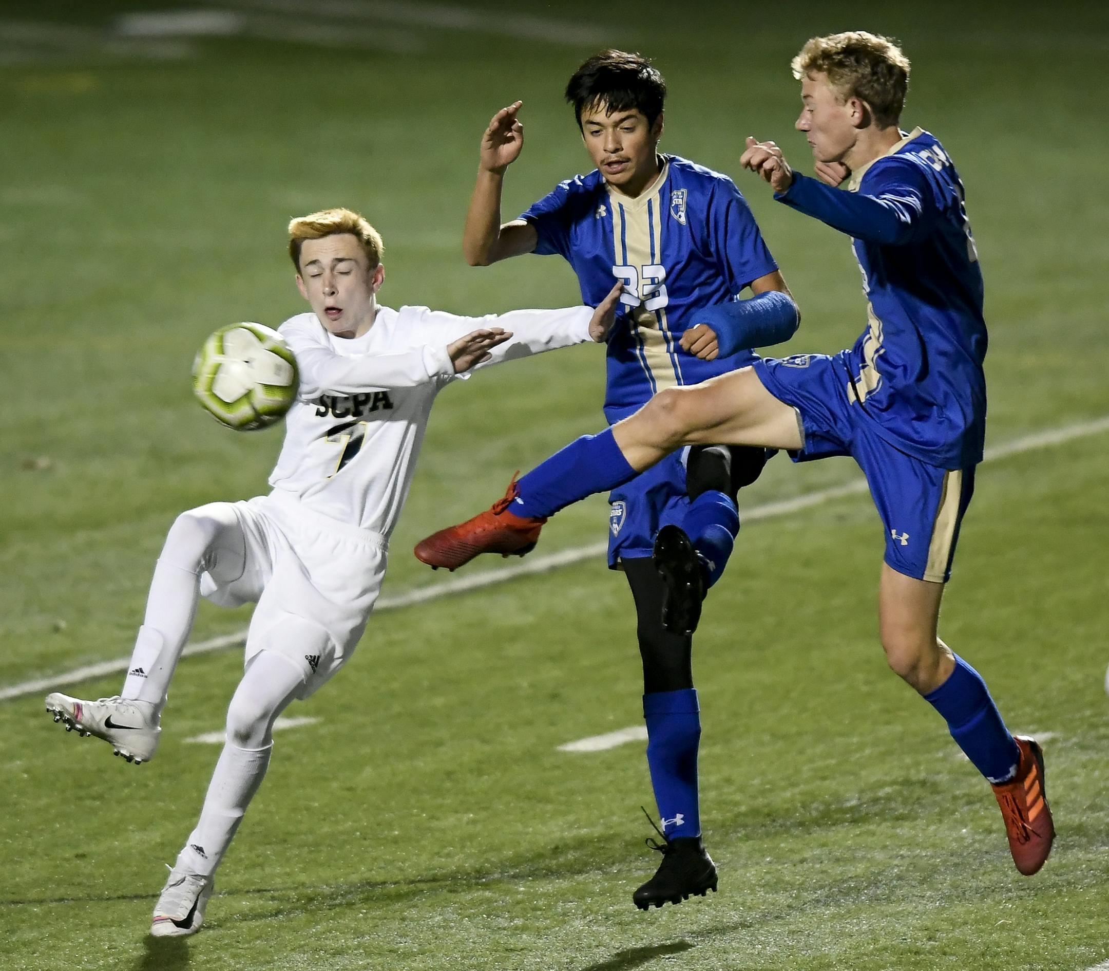 Holy Angels defender Ryan Welsch (23), right attempted a shot on goal with midfielder Shalim Montes Hernandez (33) at this side while being challenged by St. Croix Prep midfielder Jackson Sporer (7) in the second half. ] Aaron Lavinsky • aaron.lavinsky@startribune.com Holy Angels played St. Croix Prep in a boys’ Class 1A state tournament quarterfinal game on Thursday, Oct. 24, 2019 at Chisago Lakes High School in Lindstrom, Minn.