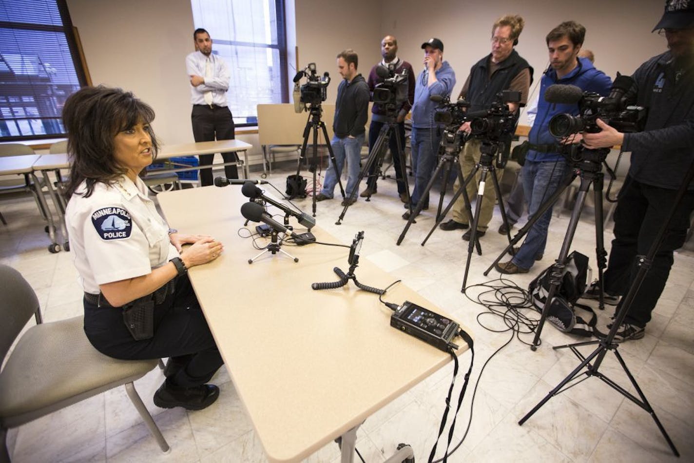 Minneapolis Police Chief Jane� Harteau holds a press conference seeking to clarify remarks she made earlier in the day regarding police response to any anticipated protests to the upcoming Jamar Clark decision.