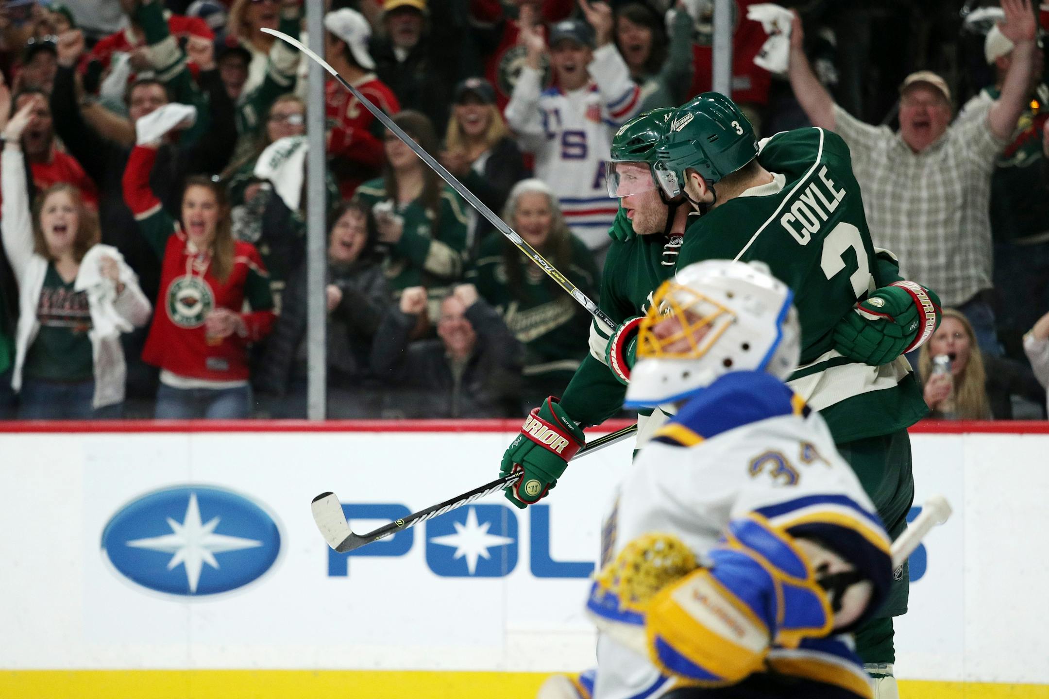 Minnesota Wild defenseman Ryan Suter (20) and center Charlie Coyle (3) celebrated their first goal of the game in the first period.