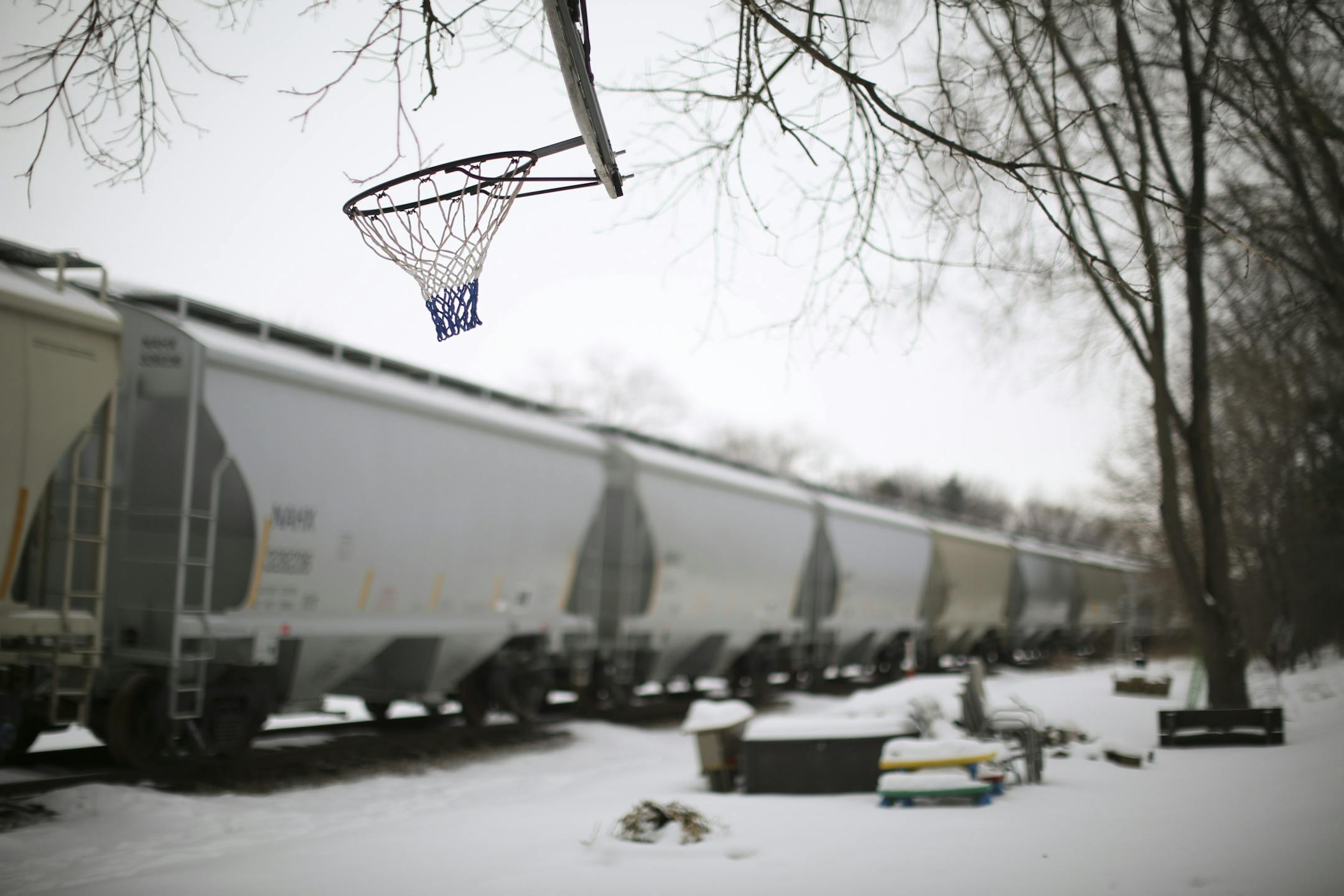 A baskertball hoop hung from a treen near the rail cars stored on tracks behind Pam Steinhagen's back yard Wednesday afternoon.