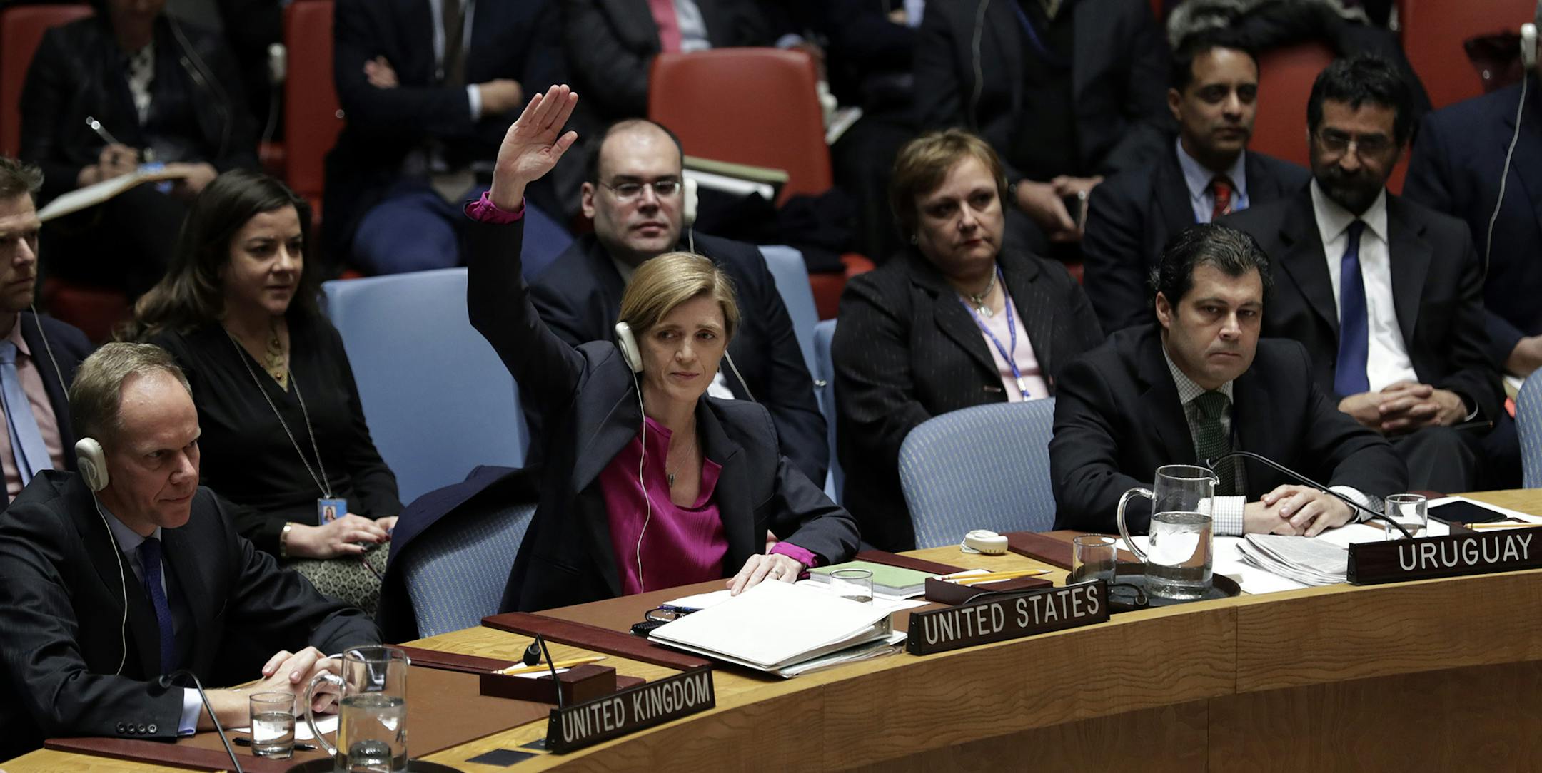 Samantha Power, U.S. permanent representative to the United Nations, votes to abstain a draft resolution urging an end to Israeli settlement activities in West Bank at the UN headquarters on Dec. 23, 2016 in New York. The UN Security Council on Friday adopted a resolution urging an end to Israeli settlement activities in West Bank. (Li Muzi/Xinhua/Sipa USA/TNS) ORG XMIT: 1195069 ORG XMIT: MIN1612231517191102