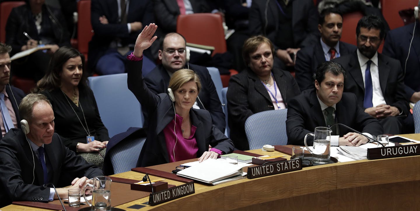 Samantha Power, U.S. permanent representative to the United Nations, votes to abstain a draft resolution urging an end to Israeli settlement activities in West Bank at the UN headquarters on Dec. 23, 2016 in New York. The UN Security Council on Friday adopted a resolution urging an end to Israeli settlement activities in West Bank. (Li Muzi/Xinhua/Sipa USA/TNS) ORG XMIT: 1195069 ORG XMIT: MIN1612231517191102