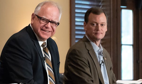 Candidates for governor Tim Walz and Jeff Johnson have their first debate at Grand View Lodge, Nisswa, MN. Tom Hauser of KSTP moderated the debate. ] 