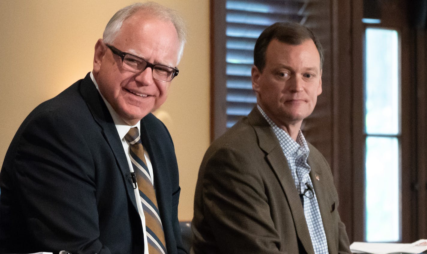 Candidates for governor Tim Walz and Jeff Johnson have their first debate at Grand View Lodge, Nisswa, MN. Tom Hauser of KSTP moderated the debate. ] GLEN STUBBE &#xef; glen.stubbe@startribune.com Friday, August 17, 2018 Candidates for governor Tim Walz and Jeff Johnson have their first debate at Grand View Lodge, Nisswa, MN.