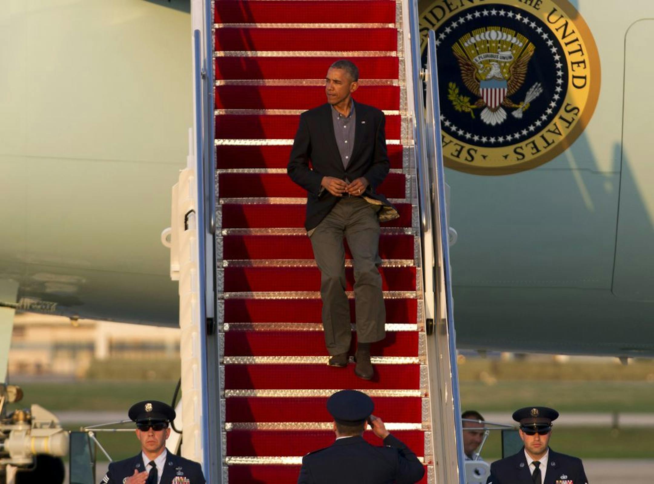 President Barack Obama walks down the stairs from Air Force One upon his arrival at Andrews Air Force Base in Md., Wednesday, April 22, 2015. Obama is returning from Earth Day celebration at the Everglades in Florida.