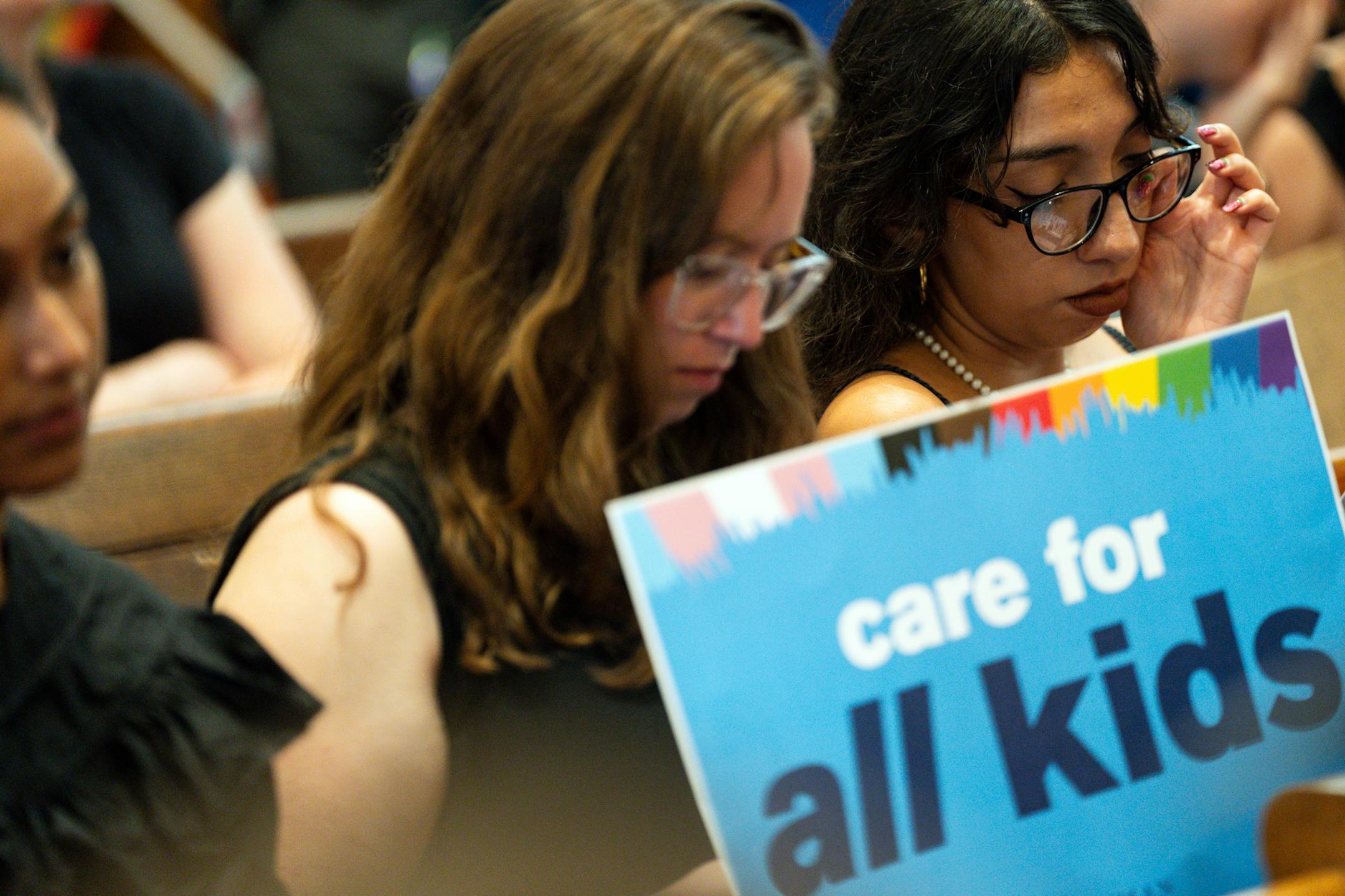 Protesters gather in Washington to denounce the Supreme Court decision  to uphold a Tennessee law banning some types of medical care, including puberty blockers and hormone therapies, for transgender youth on Wednesday, June 18, 2025.
