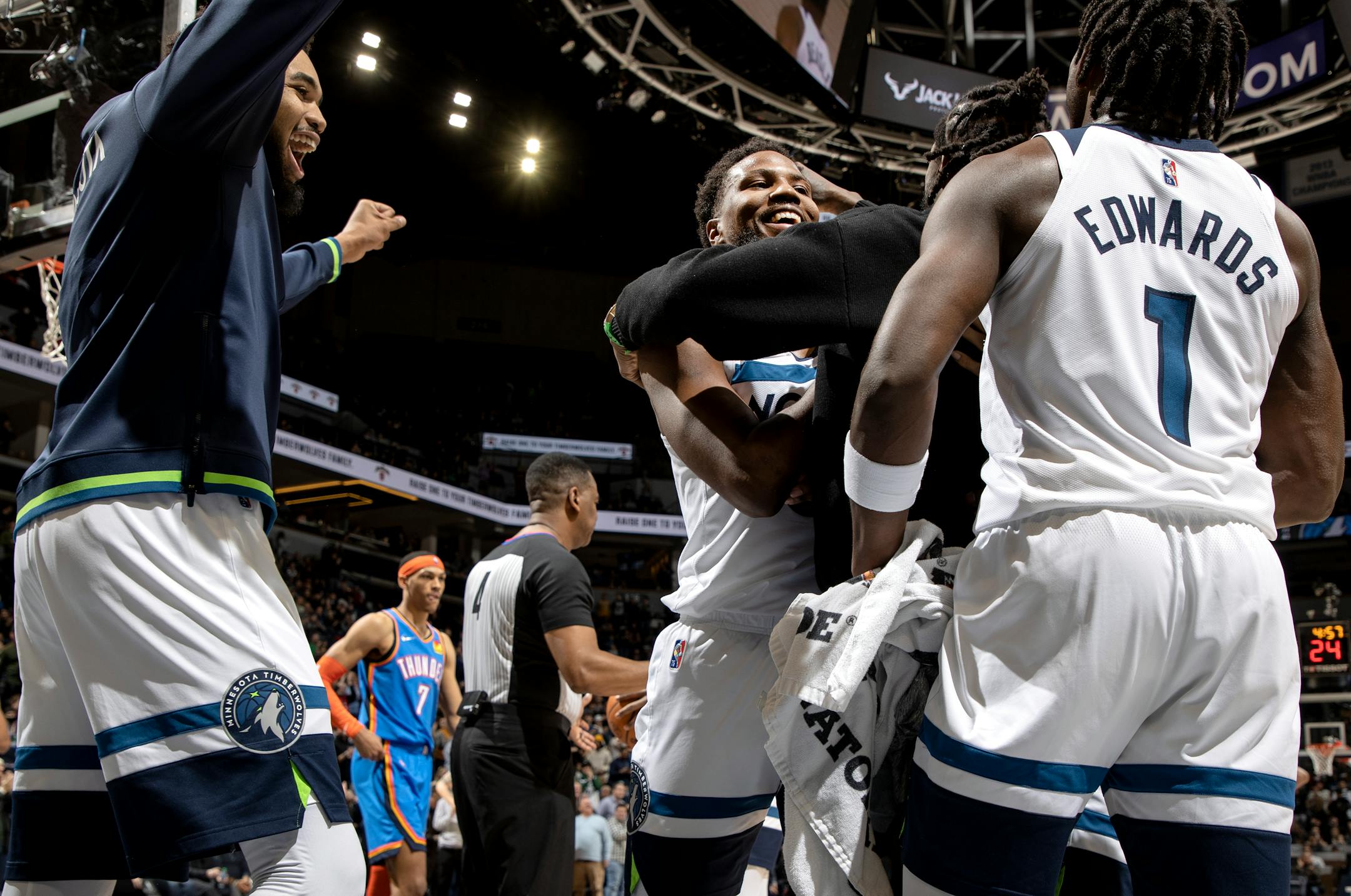 Malik Beasley (5) of the Minnesota Timberwolves celebrates with teammates after making a three point shot in the fourth quarter.