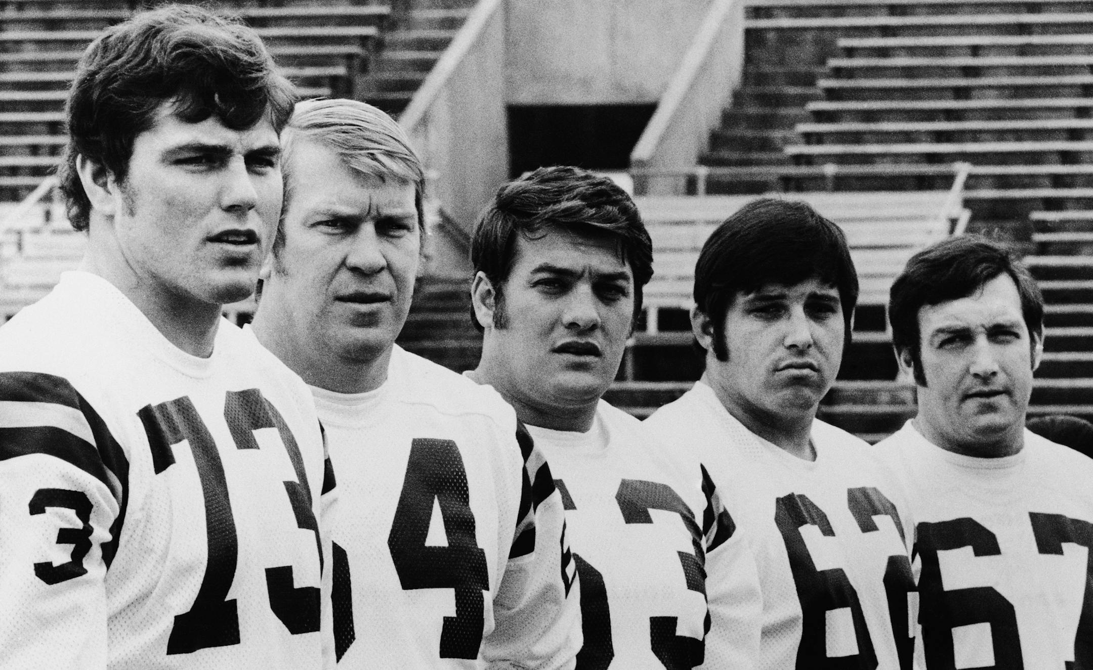 These Minnesota Vikings offensive linemen look for lots of action when meeting the world champing Miami Dolphins in Super Bowl VIII at Rice Stadium in Houston, Sunday, Jan. 12, 1974. From left: Tackle Ron Yary, guard Mils Sunde, center Mick Tingelhoff, guard Ed White and tackle Grady Alderman. (AP Photo) ORG XMIT: APHS174149
