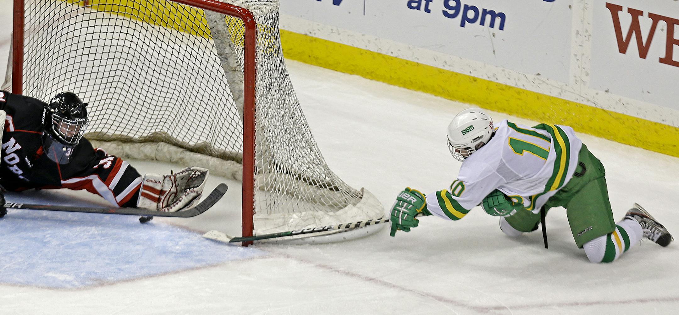 Edina's Connor Hurley made his third goal for a hat trick in the third period during the Class 2A boys' hockey state tournament quarterfinals at the Xcel Energy Center, Thursday, March 7, 2013 in St. Paul, MN.(ELIZABETH FLORES/STAR TRIBUNE) ELIZABETH FLORES • eflores@startribune.com
