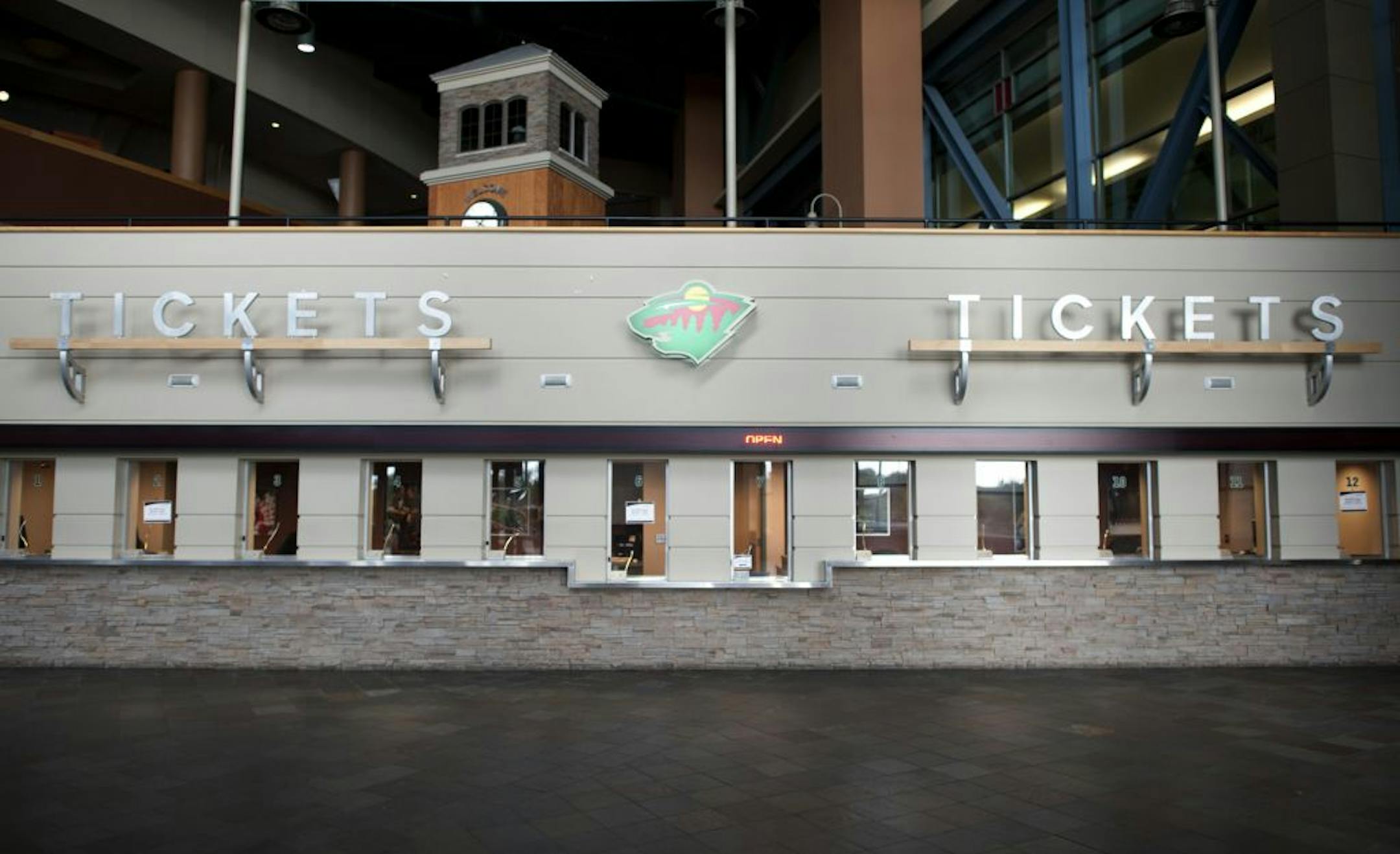 Empty ticket windows at Xcel Energy Center.