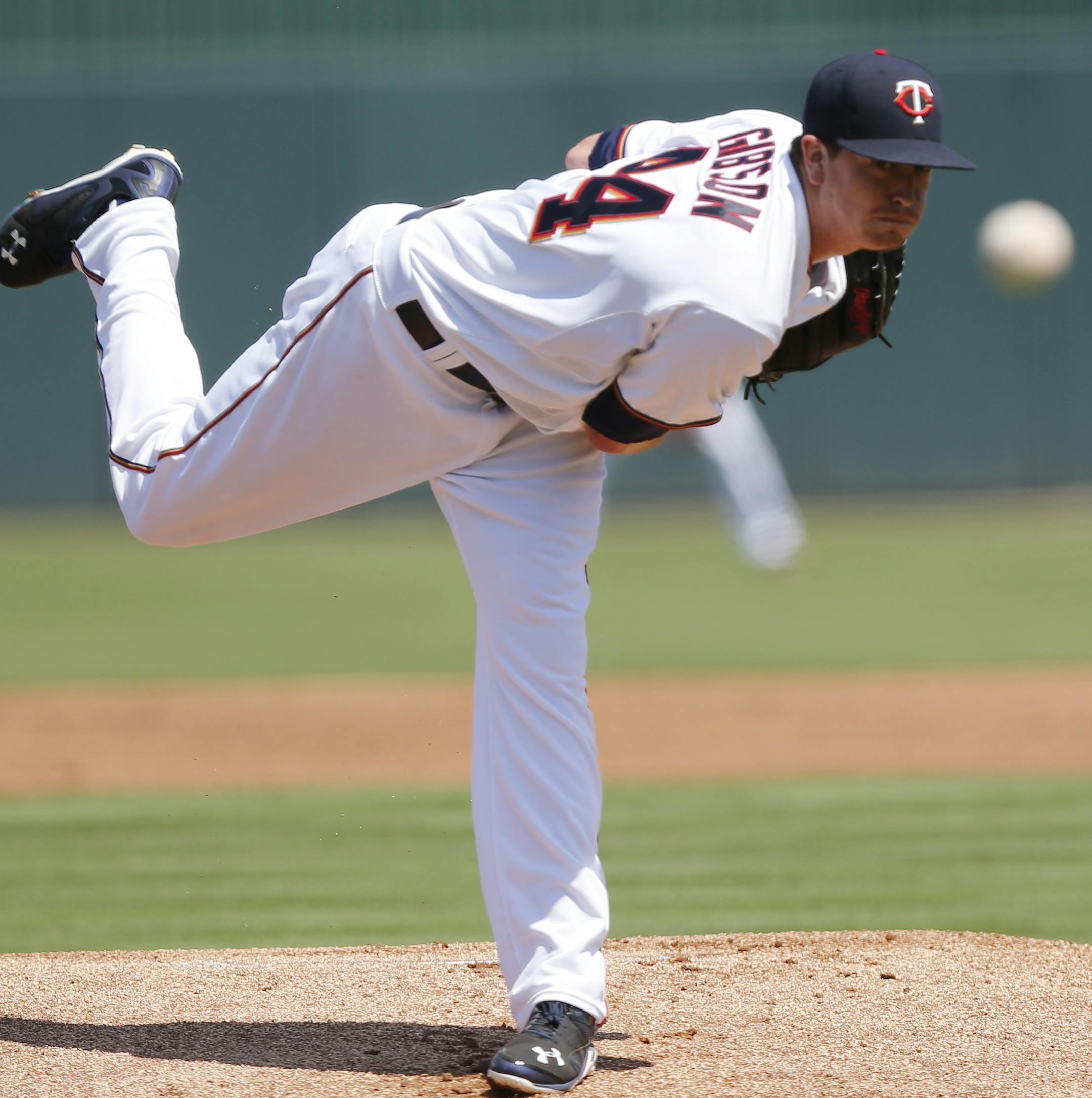 Minnesota Twins starting pitcher Kyle Gibson (44) delivers against the Pittsburgh Pirates in the first inning during an exhibition spring training baseball game, Friday, March 20, 2015, in Fort Myers, Fla. (AP Photo/Brynn Anderson)