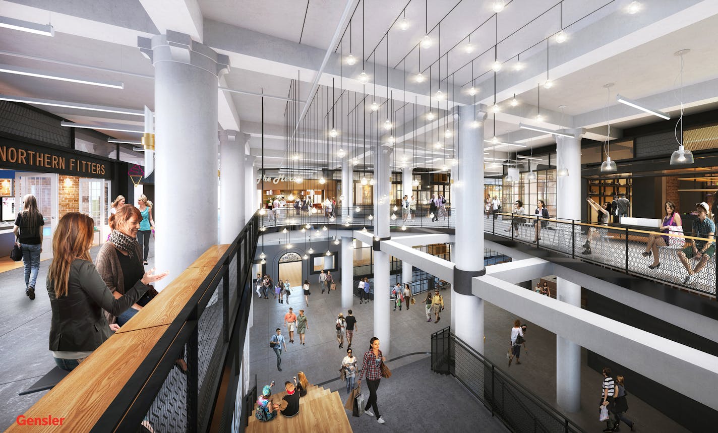 A rendering of one of the spaces in the revamped Macy's/Dayton's building in downtown Minneapolis. Plans call for a mix of retail, restaurants and a high-energy food hall as well as Modern office spaces with assorted meeting areas.