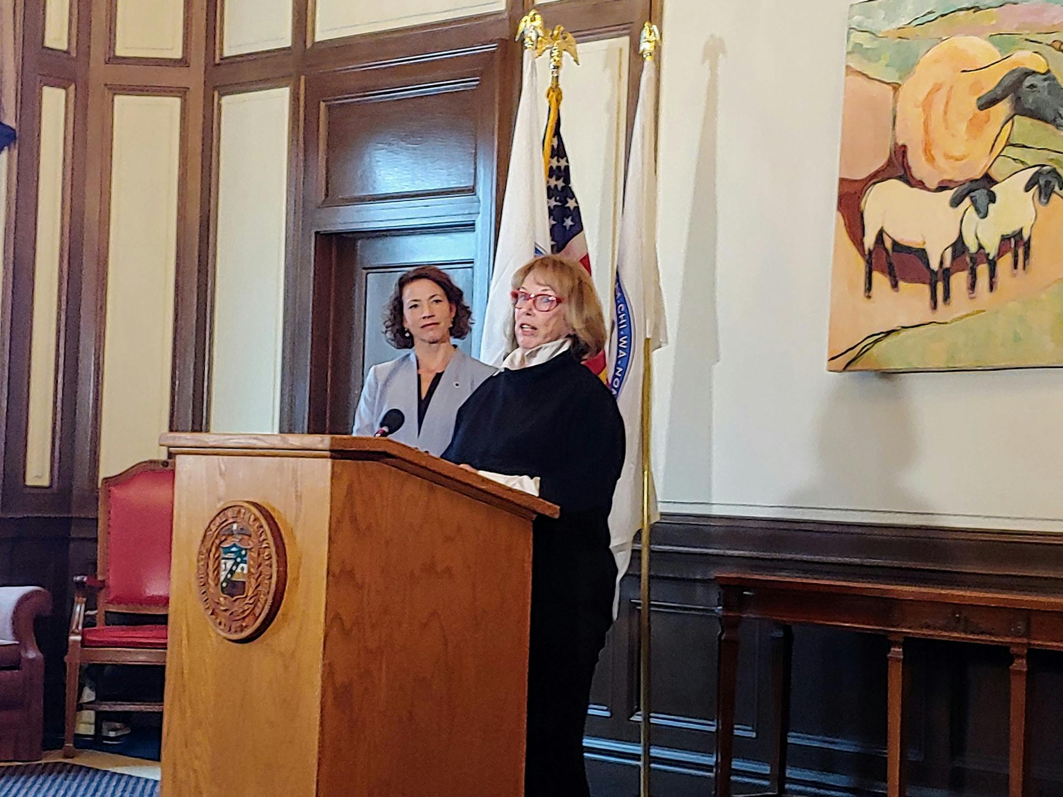 1200 Fund Chairwoman Betty George, right, announces $500,000 in loans and grants for day care providers in Duluth alongside Mayor Emily Larson on Wednesday.