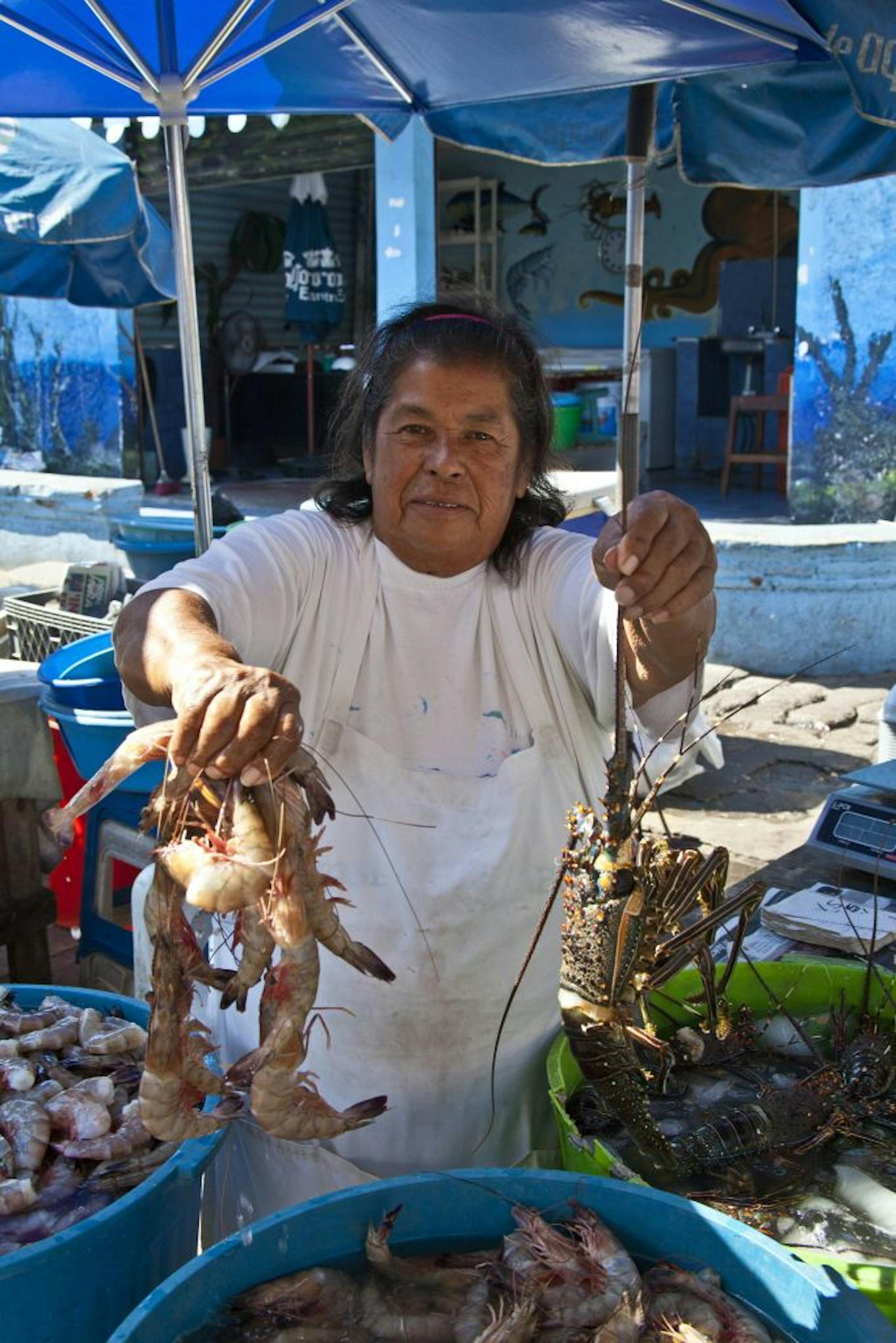 Jumbo shrimp and pacific lobster: Caught at dawn, sold at 10 a.m., in the Fish Market, Mazatlan, Mexico.
