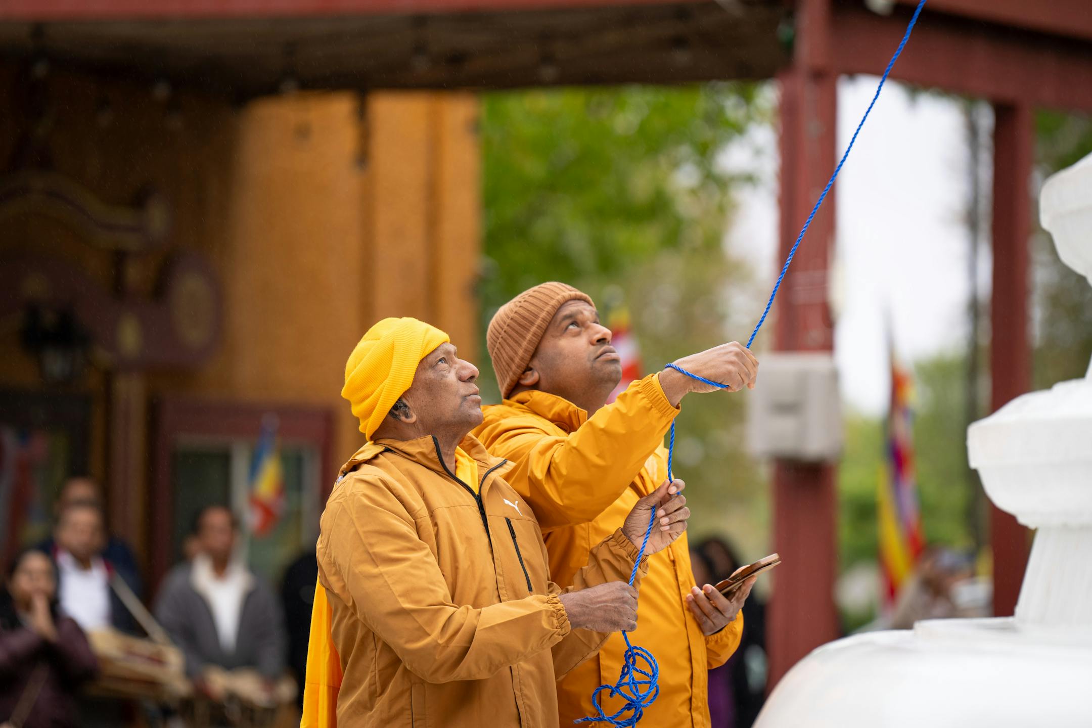 Visiting monk Ullala Chandima Thero, left, and founder of Minnesota Buddhist Vihara Bhante Seewalie prepared for the unveiling Friday, Oct. 6, 2023 Minneapolis, Minn. This Stupa Unveiling marks a significant milestone in the history of Minnesota Buddhist Vihara and is an occasion of great joy and appreciation. A Stupa is a large white cement dome topped with a brass pinnacle. A sacred stupa is a physical structure in which a relic of the Buddha, enlightened beings, or holy books is enshrined. It creates an opportunity for people to circumambulate and cultivate positive vibration and spiritual development. ] GLEN STUBBE • glen.stubbe@startribune.com