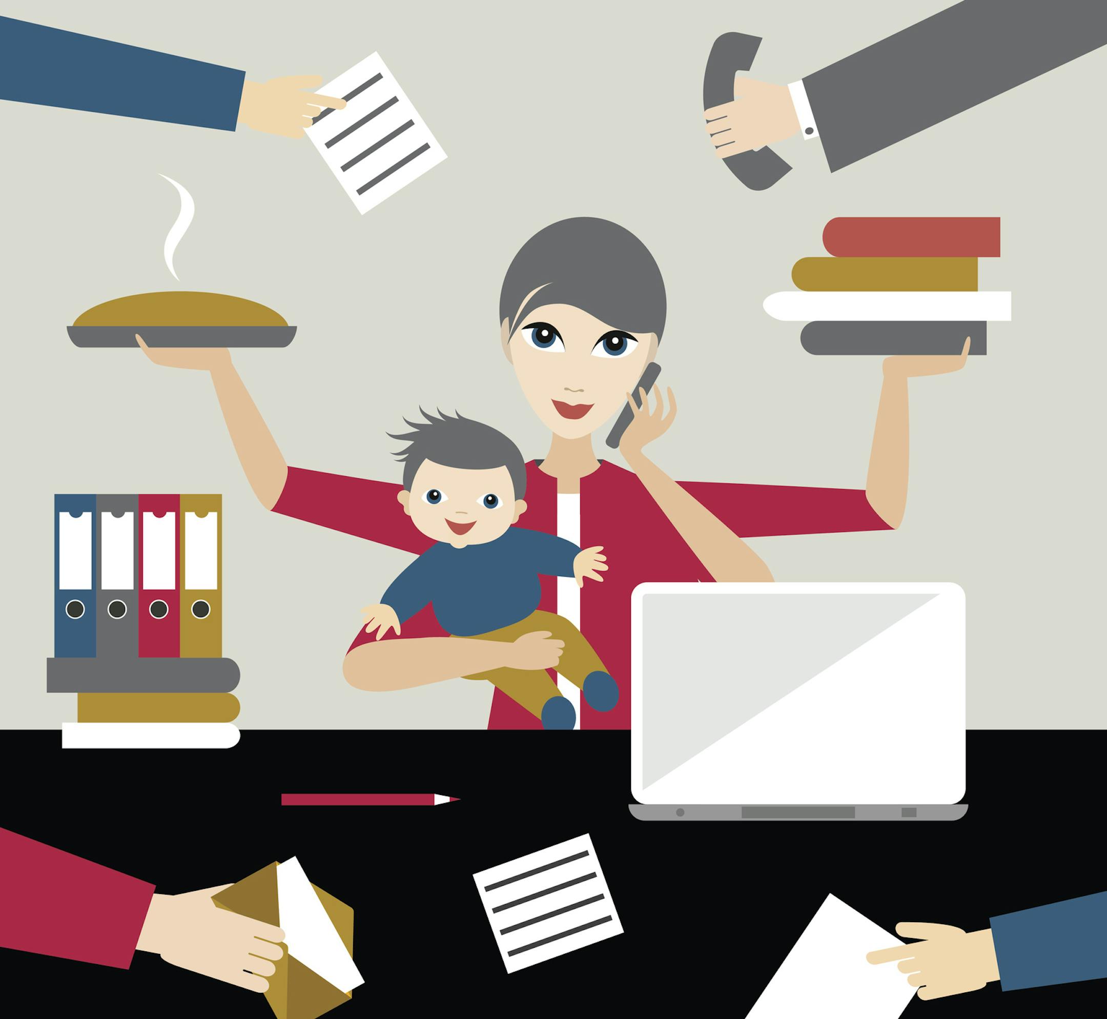 Working mother with child in business offiice. Multitasking person. Flat vector. istock