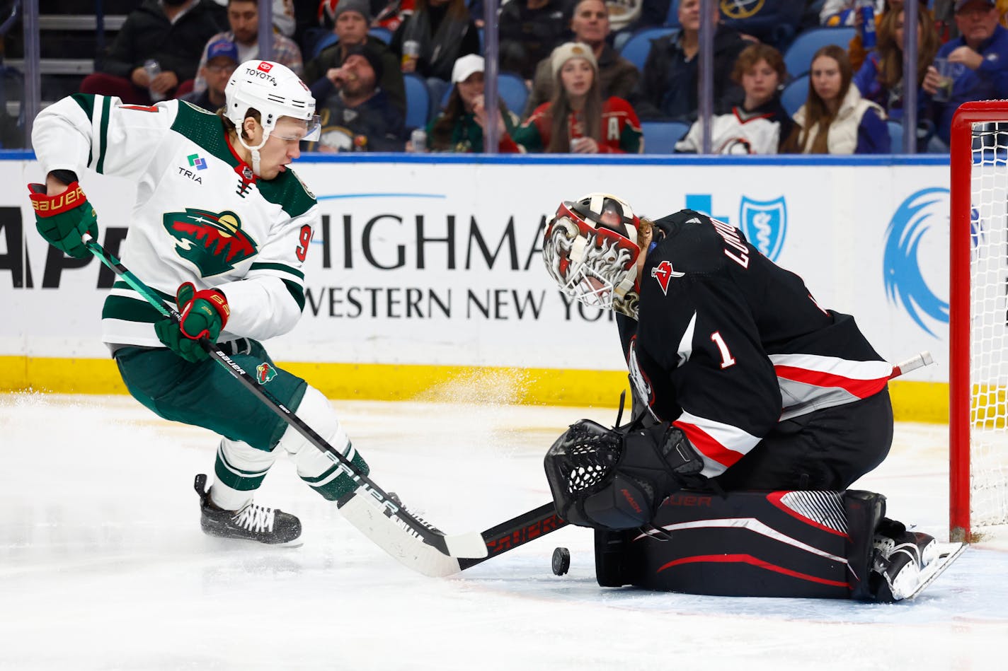 Wild left wing Kirill Kaprizov was stopped by Buffalo goaltender Ukko-Pekka Luukkonen on a breakaway during the second period