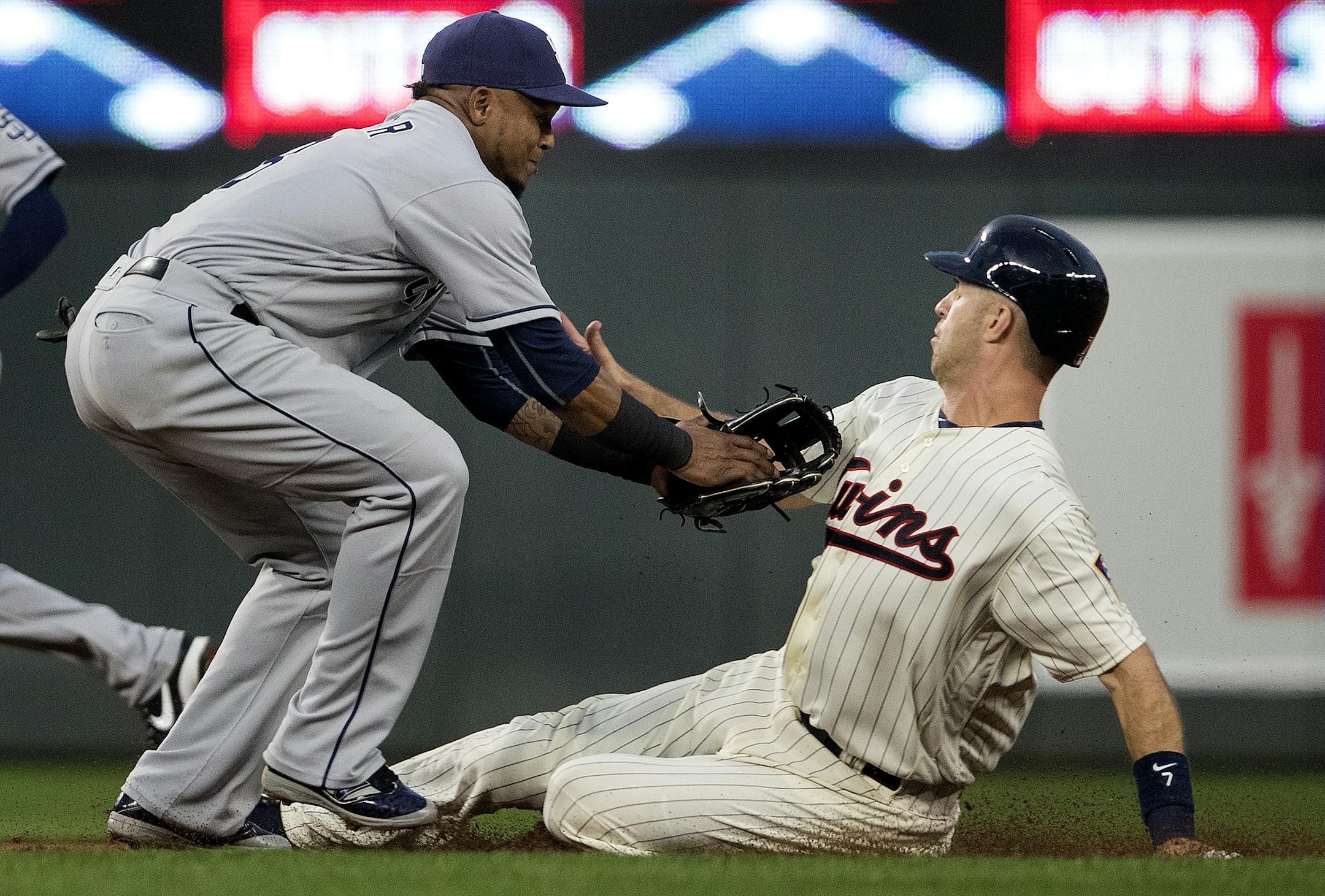 Joe Mauer was tagged out by Erick Aybar trying to steal second base in the first inning. ] CARLOS GONZALEZ ï cgonzalez@startribune.com - September 13, 2017, Minneapolis, MN, Target Field, MLB, Minnesota Twins vs. San Diego Padres