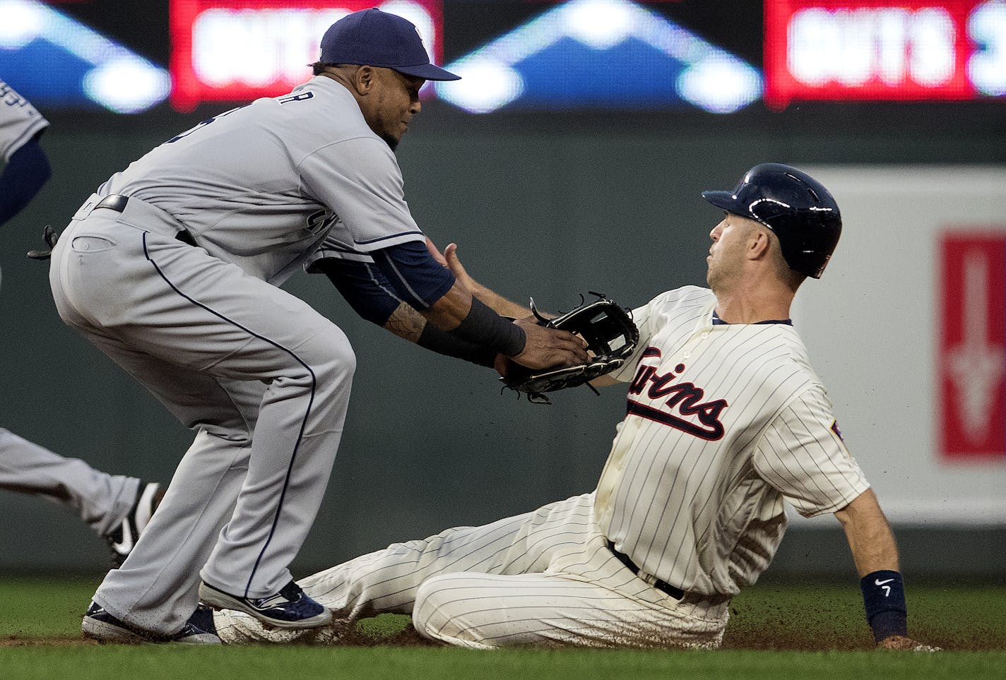 Joe Mauer was tagged out by Erick Aybar trying to steal second base in the first inning. ] CARLOS GONZALEZ &#xef; cgonzalez@startribune.com - September 13, 2017, Minneapolis, MN, Target Field, MLB, Minnesota Twins vs. San Diego Padres