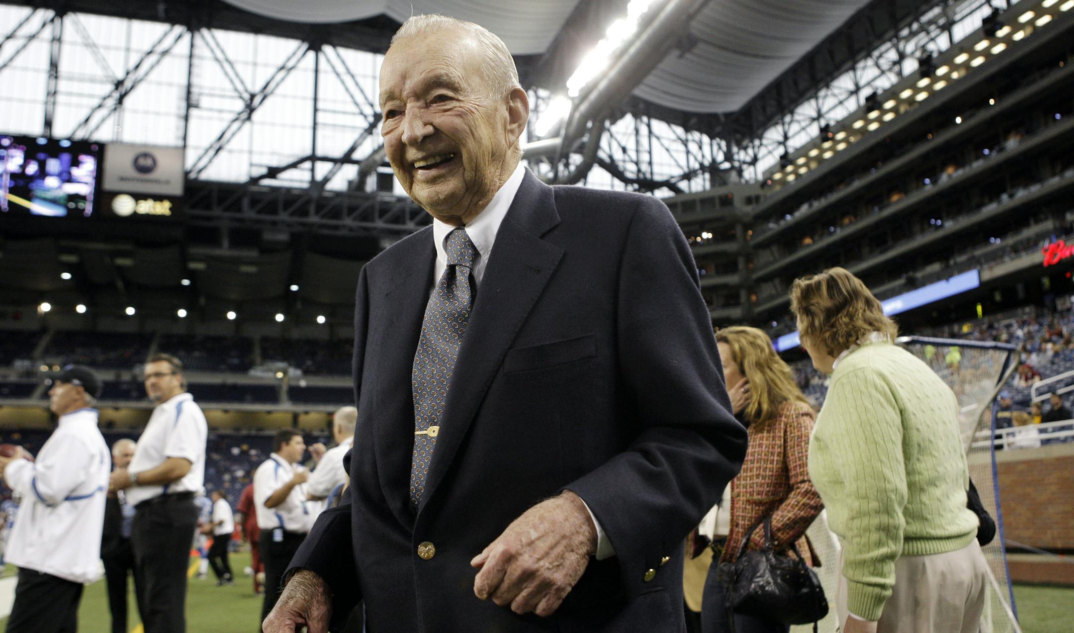 FILE - In this Oct. 26, 2008, file photo, Detroit Lions owner and chairman William Clay Ford walks on the sidelines prior to an NFL football game against the Washington Redskins in Detroit. Ford Motor Co. said in a statement Sunday, March 9, 2014, that Ford died of pneumonia at his home. Ford, who helped steer Ford Motor Co. for more than five decades and owned the NFL's Detroit Lions, has died at the age of 88. He was the last surviving grandson of company founder Henry Ford. (AP Photo/Paul San