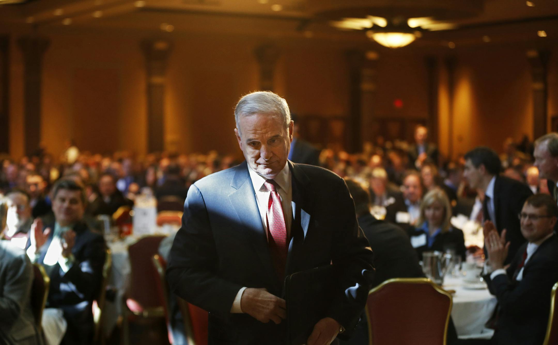 At the Crowne Royal Plaza hotel in downtown, St. Paul, Governor Mark Dayton who dropped his plan to tax business services spoke to a convention meeting for the MN Chamber of Commerce. ]rtsong-taatarii@startribune.com