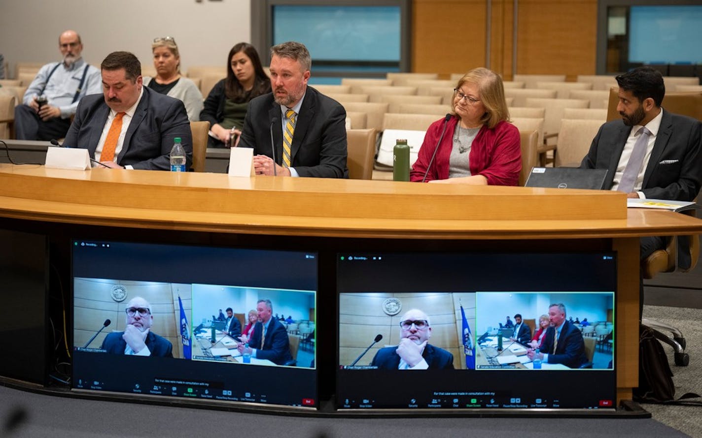 Daron Korte, Assistant Commissioner of the Minnesota Department of Education, center, responded to questioning by Sen. Roger Chamberlain, chair of the Education Finance &amp; Policy Committee, on the television monitors, about oversight of meal distribution programs, including Feeding Our Future, Wednesday afternoon, April 20, 2022 in the Senate Office Building in St. Paul. Others seated with Korte were, from left, Eric Taubel, MDE general counsel, Monica Herrera, Director of Nutrition, Health and Youth Development Division, MDE, and Adosh Unni, Director of Government Relations, MDE. ] JEFF WHEELER • Jeff.Wheeler@startribune.com