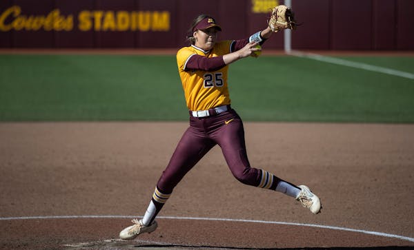 Gopher pitcher Autumn Pease closed out the from Minnesota against Michigan .] Jerry Holt •Jerry.Holt@startribune.com