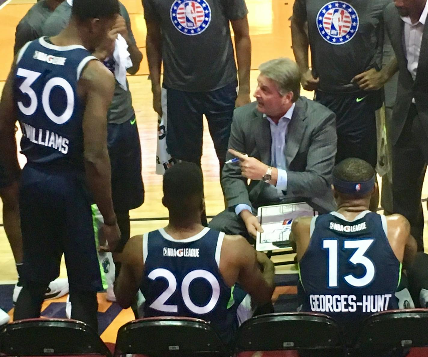 Iowa Wolves coach Scott Roth &#x2014; a player on the inaugural Timberwolves team in 1989 &#x2014; instructs his players, including transferred Timberwolves forward Marcus Georges-Hunt and former NBA player Shawne Williams during Thursday game against the Northern Arizona Suns in Prescott, Ariz.
Photo/Jerry Zgoda