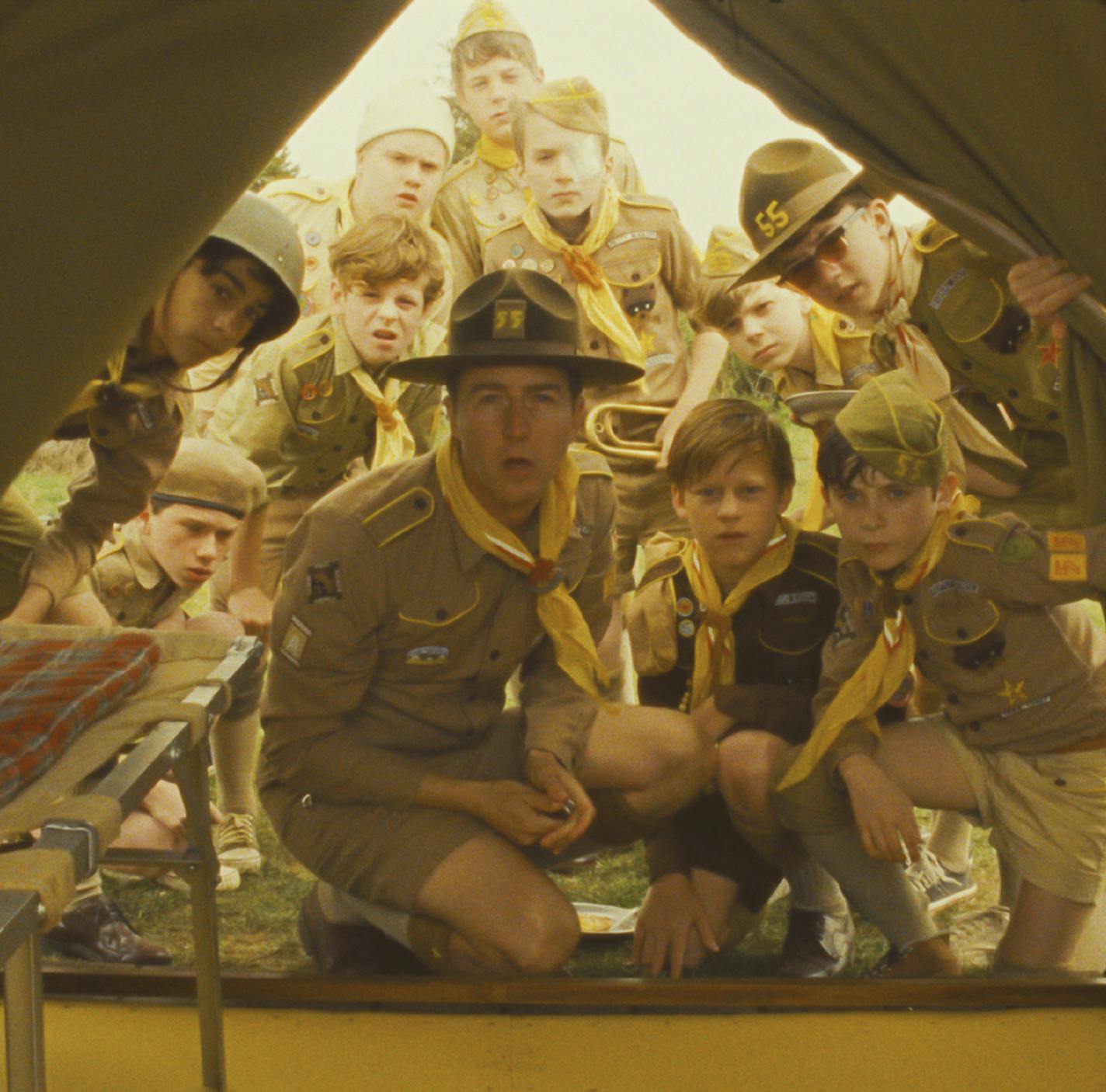 Edward Norton (at center) stars as Scout Master Ward in Wes Anderson's MOONRISE KINGDOM, a Focus Features release.