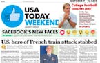 A USA Today front page shows various emojis next to headlines, including a sad face for a story about a stabbing.