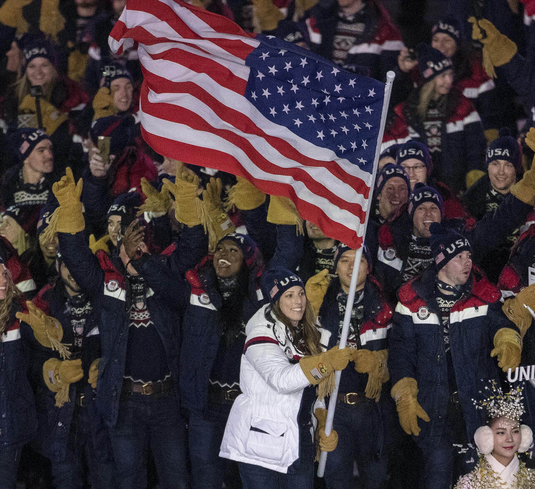Teams USA followed flag bearer ???? into Pyeongchang Olympic Stadium during Opening Ceremony. ] CARLOS GONZALEZ ï cgonzalez@startribune.com - February 9, 2018, South Korea, 2018 Pyeongchang Winter Olympics,