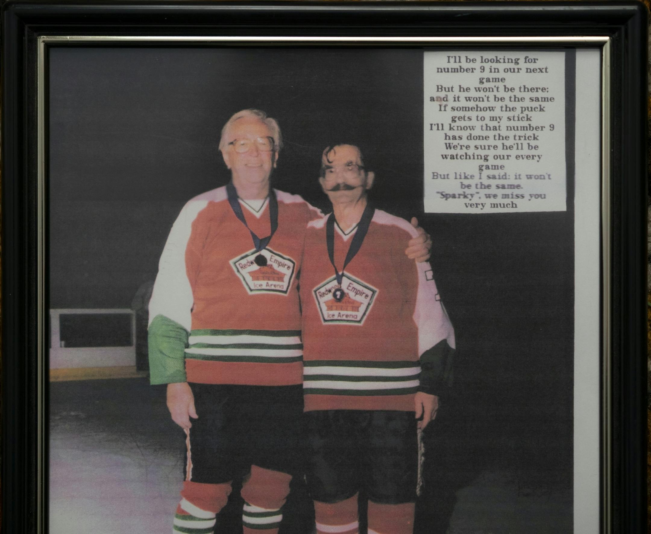 A photo of Mark Sertich with Peanut's creator Charles Schulz, left. They were longtime teammates and played in a senior tournament started by Schulz. The words at right were written by Sertich after Schulz passed away.