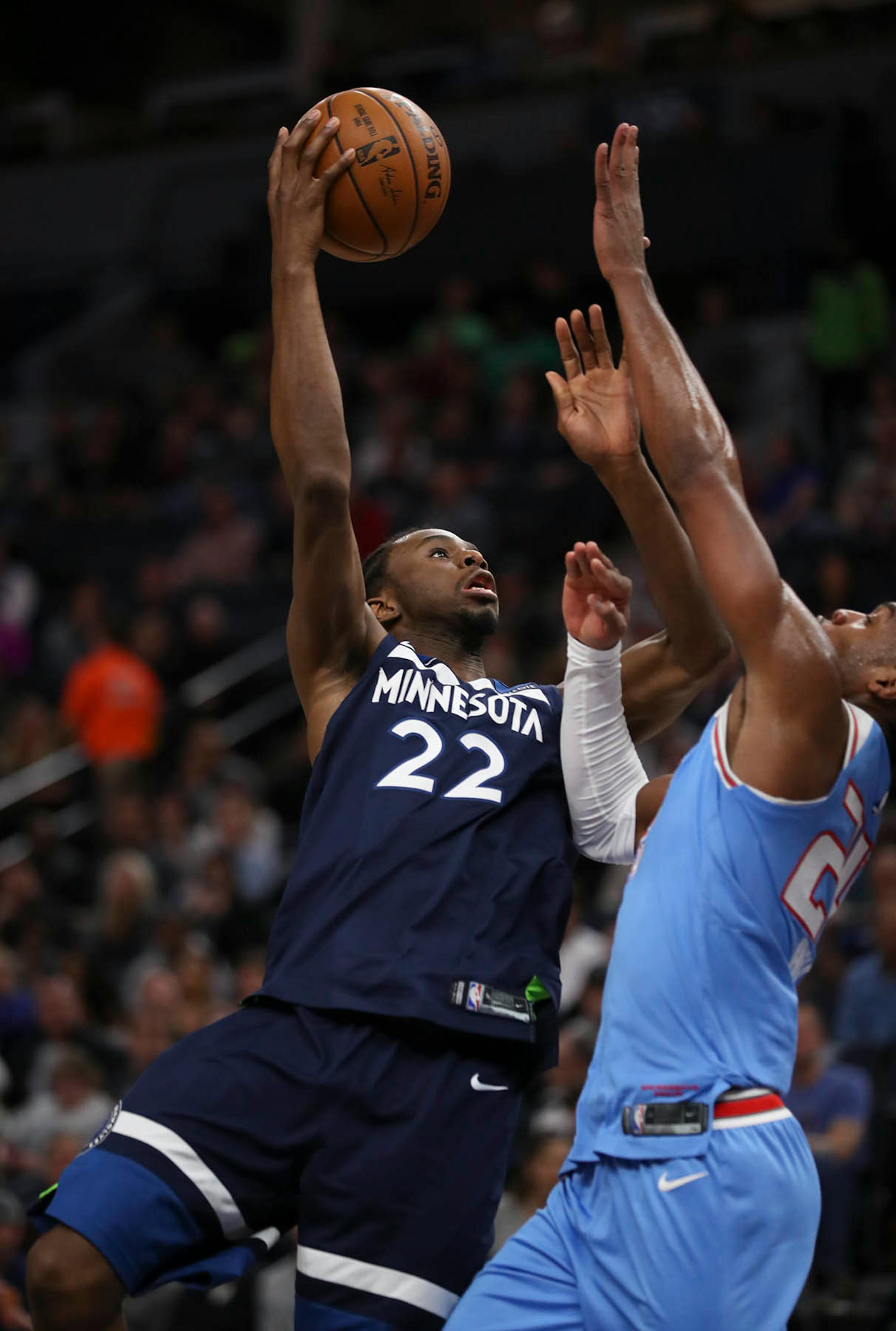 Minnesota Timberwolves forward Andrew Wiggins (22) shot over Sacramento Kings guard Buddy Hield (24) in the second quarter.