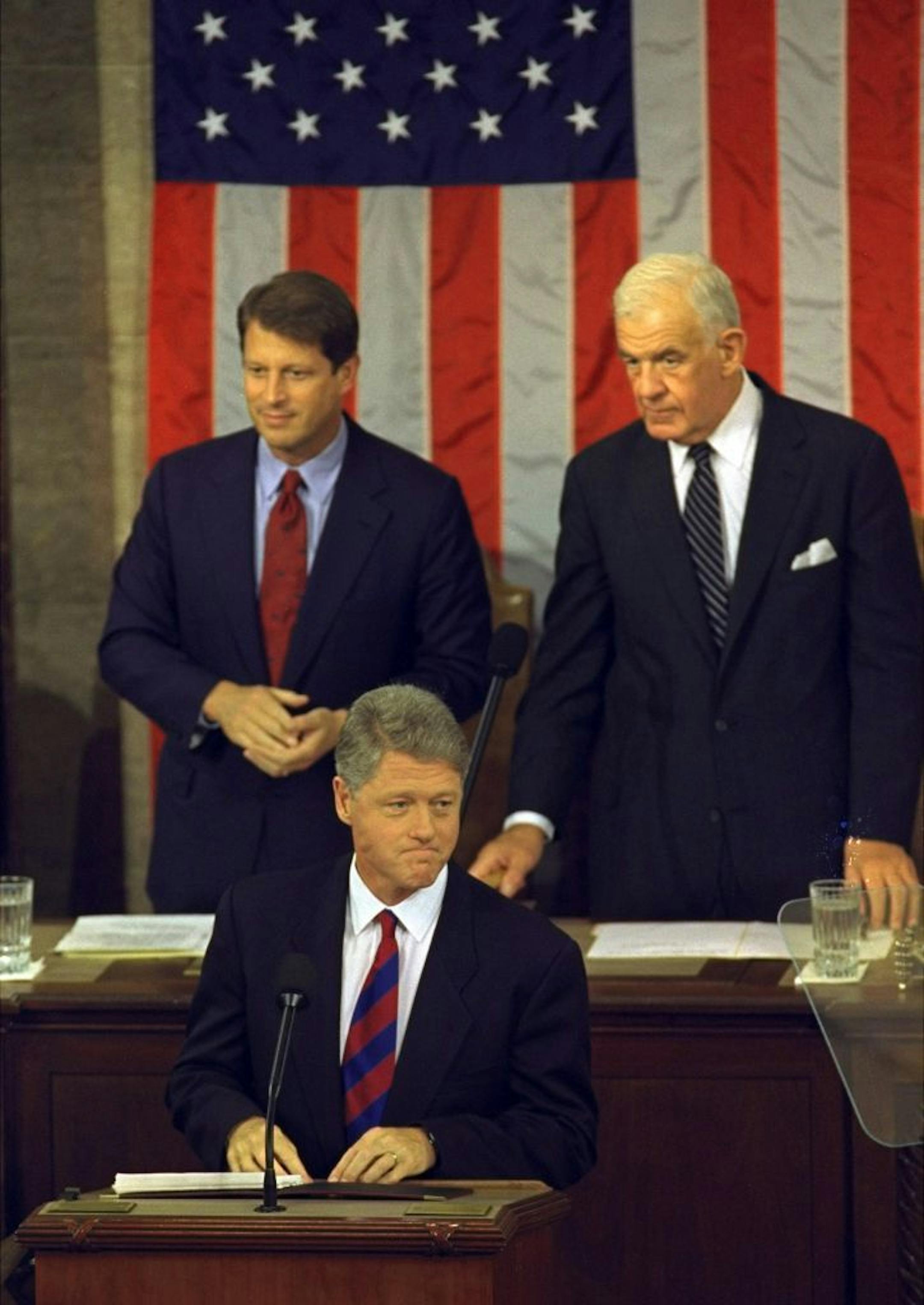 FILE - In this Sept. 22, 1993 file photo, President Clinton prepares to outline his plan for health care reform before a joint session of Congress on Capitol Hill Wednesday Sept. 22, 1993. Vice President Al Gore is above left, and Speaker of the House Tom Foley, D-Wash., right. Foley has died at the age of 84.