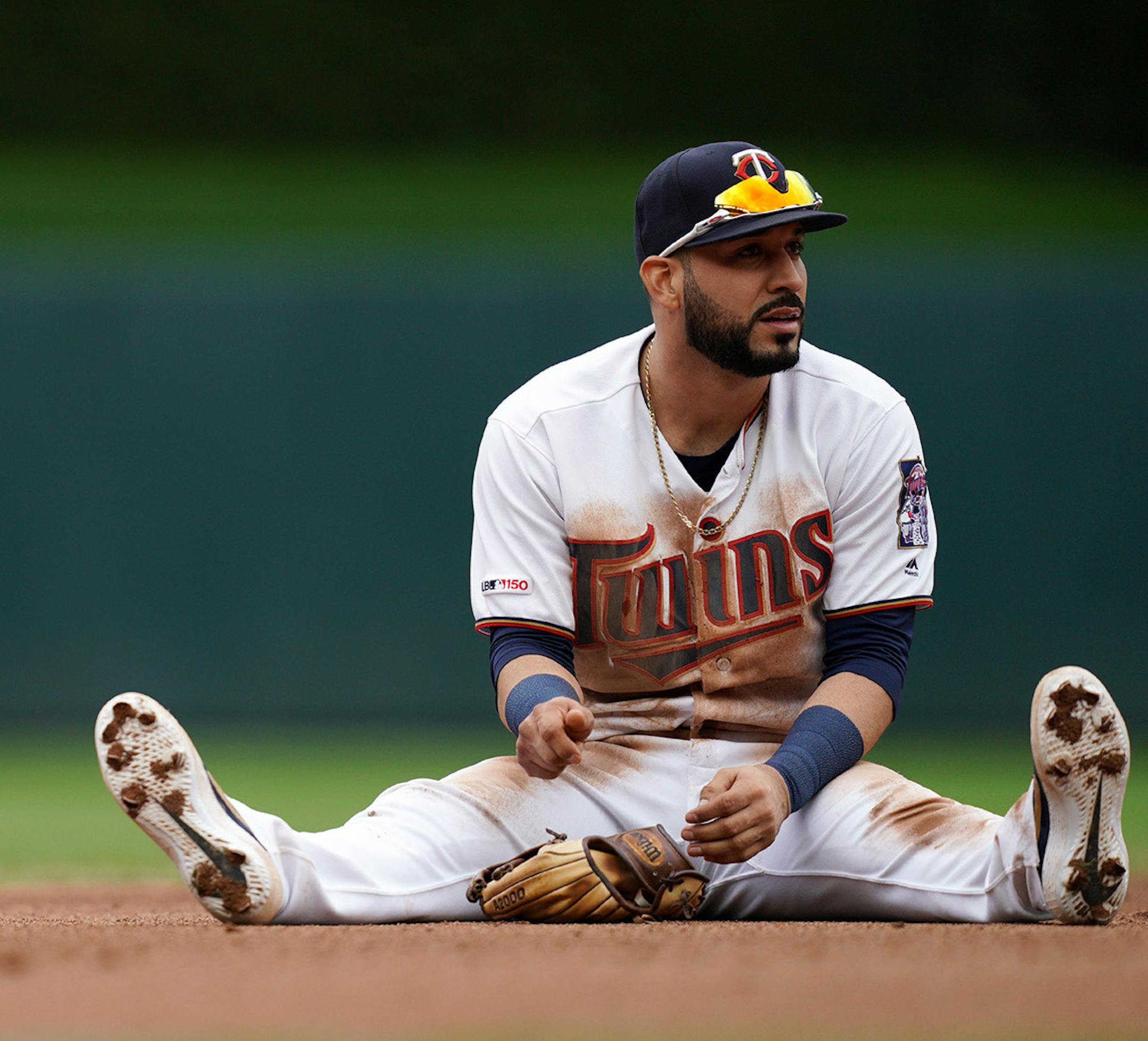 Minnesota Twins third baseman Marwin Gonzalez (9) sits in the dirt after he was unable to field a line drive hit his way against the Houston Astros on Thursday, May 2, 2019 at Target Field in Minneapolis, Minn. (Anthony Souffle/Minneapolis Star Tribune/TNS) ORG XMIT: 1311816