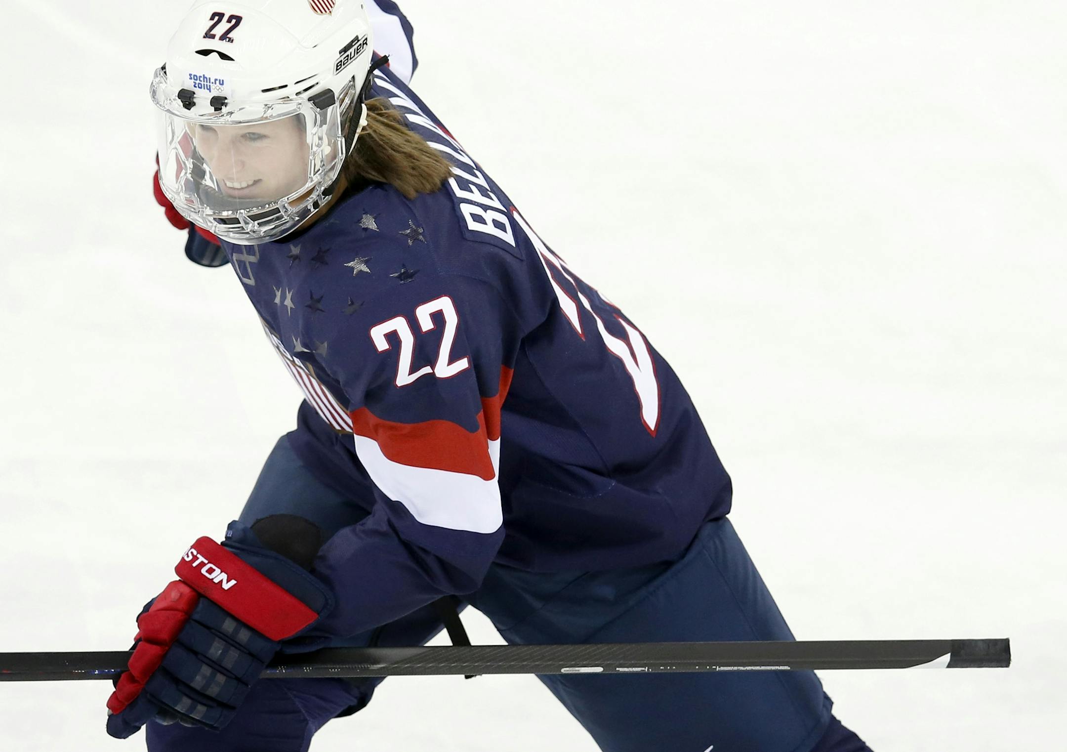 Kacey Bellamy (22) celebrated after scoring in the first period. Kacey Bellamy (Westfield, Mass.) scored at the 7:16 mark. USA beat Sweden by a final score of 6-1.