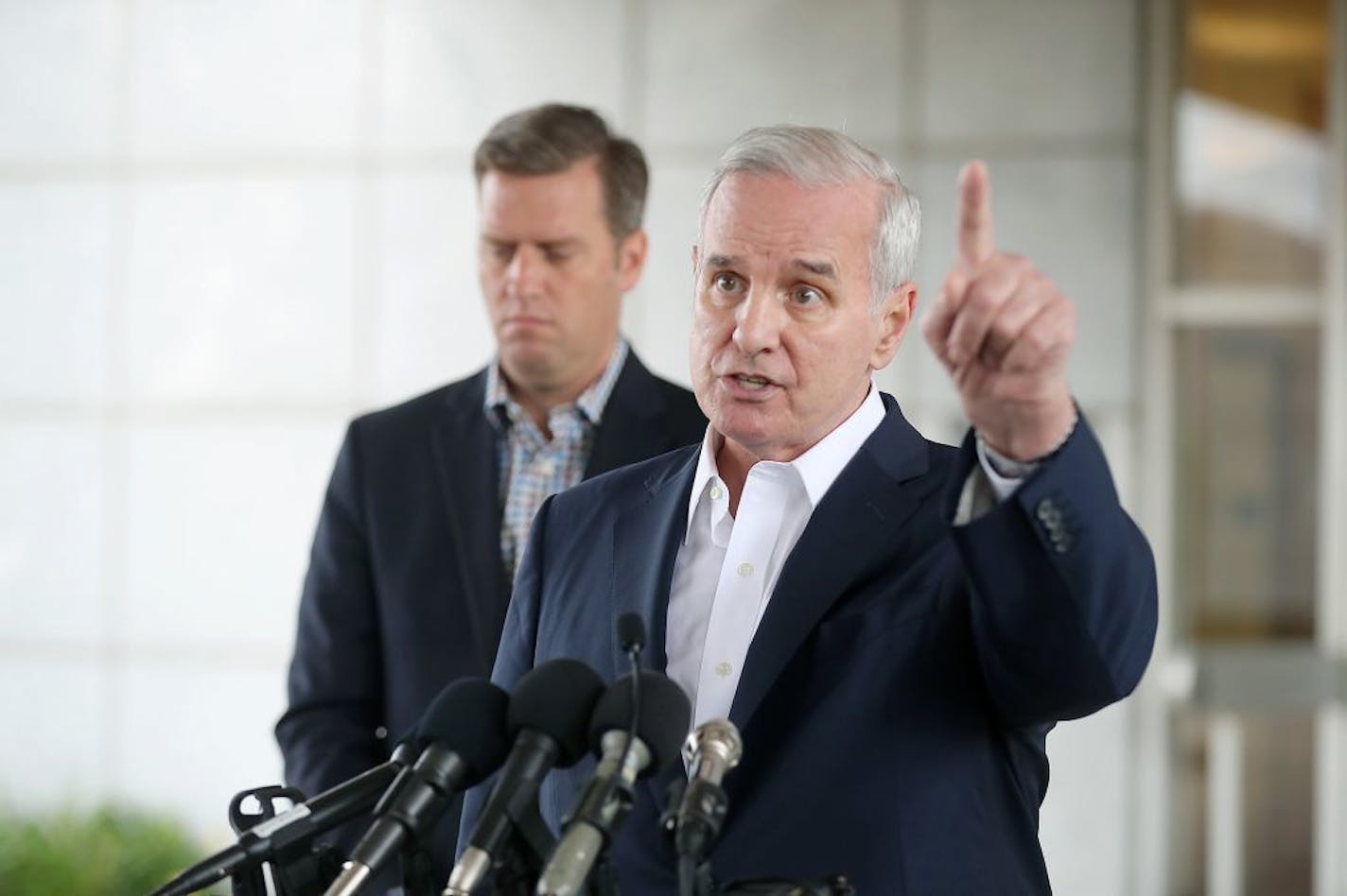 Governor Mark Dayton addressed the media along with Speaker of the House Kurt Daudt after discussing a possible special session at theVeterans building at the Capitol campus , Friday, August 12, 2016 in St. Paul, MN.