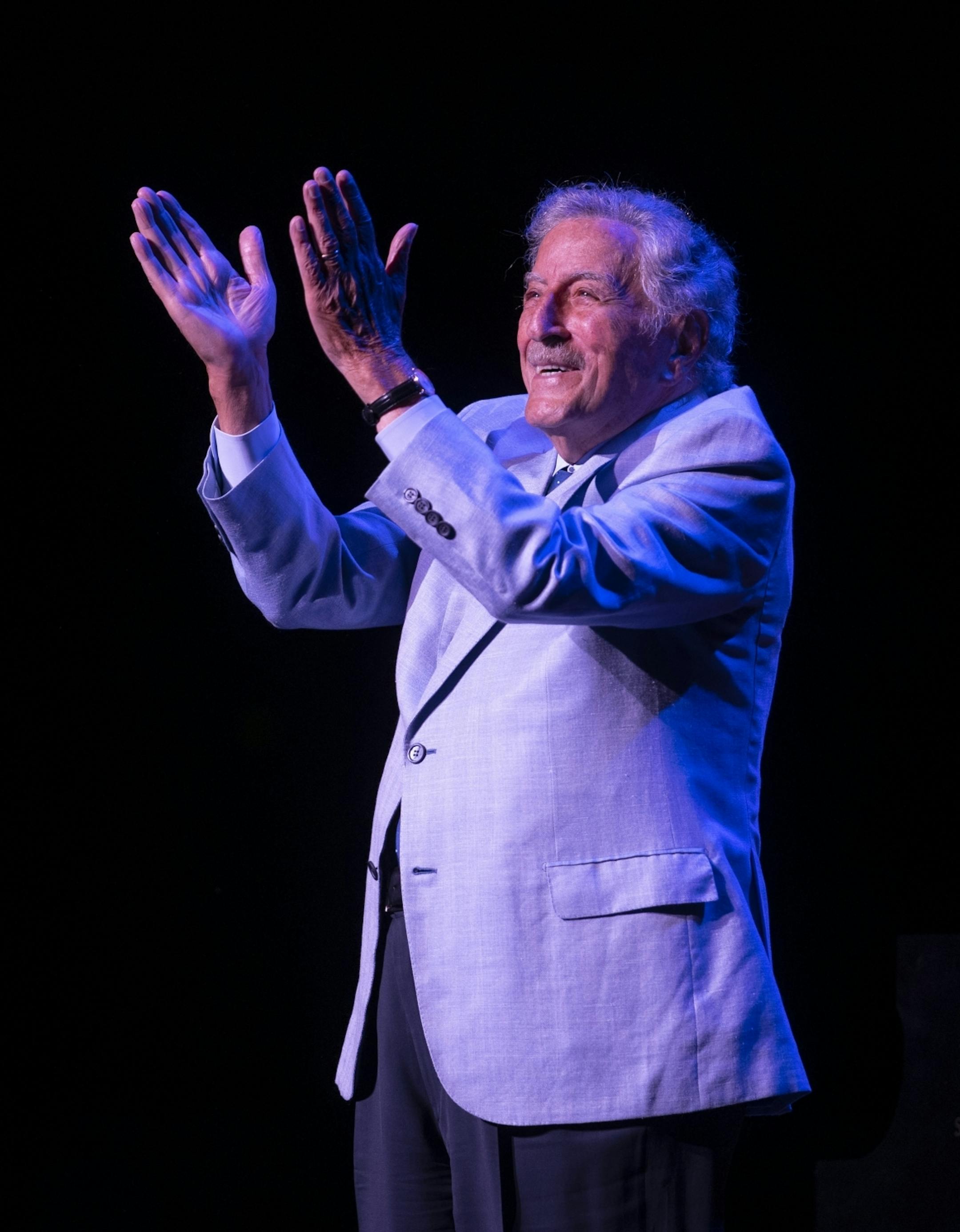 Tony Bennett acknowledged the audience's applause after walking on state for his set at the Orpheum Theatre Sunday night.