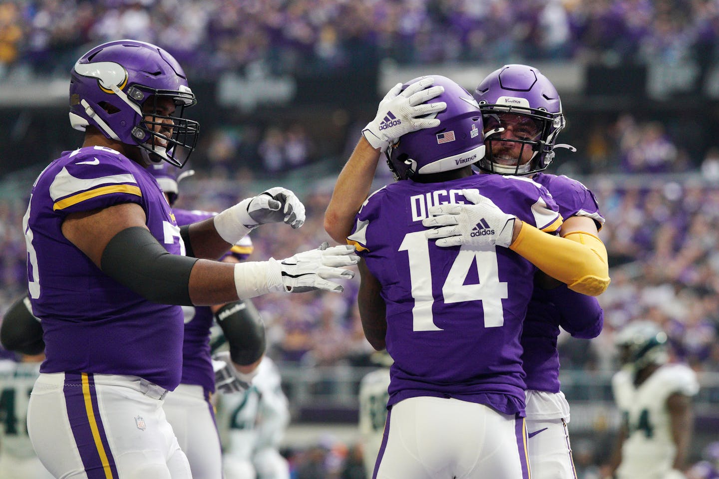 File photo: Minnesota Vikings wide receiver Adam Thielen (19) hugged wide receiver Stefon Diggs (14) after Diggs scored a touchdown. ] ANTHONY SOUFFLE • anthony.souffle@startribune.com The Minnesota Vikings played the Philadelphia Eagles in an NFL game Sunday, Oct. 13, 2019 at U.S. Bank Stadium in Minneapolis. ORG XMIT: MIN1910131305525388