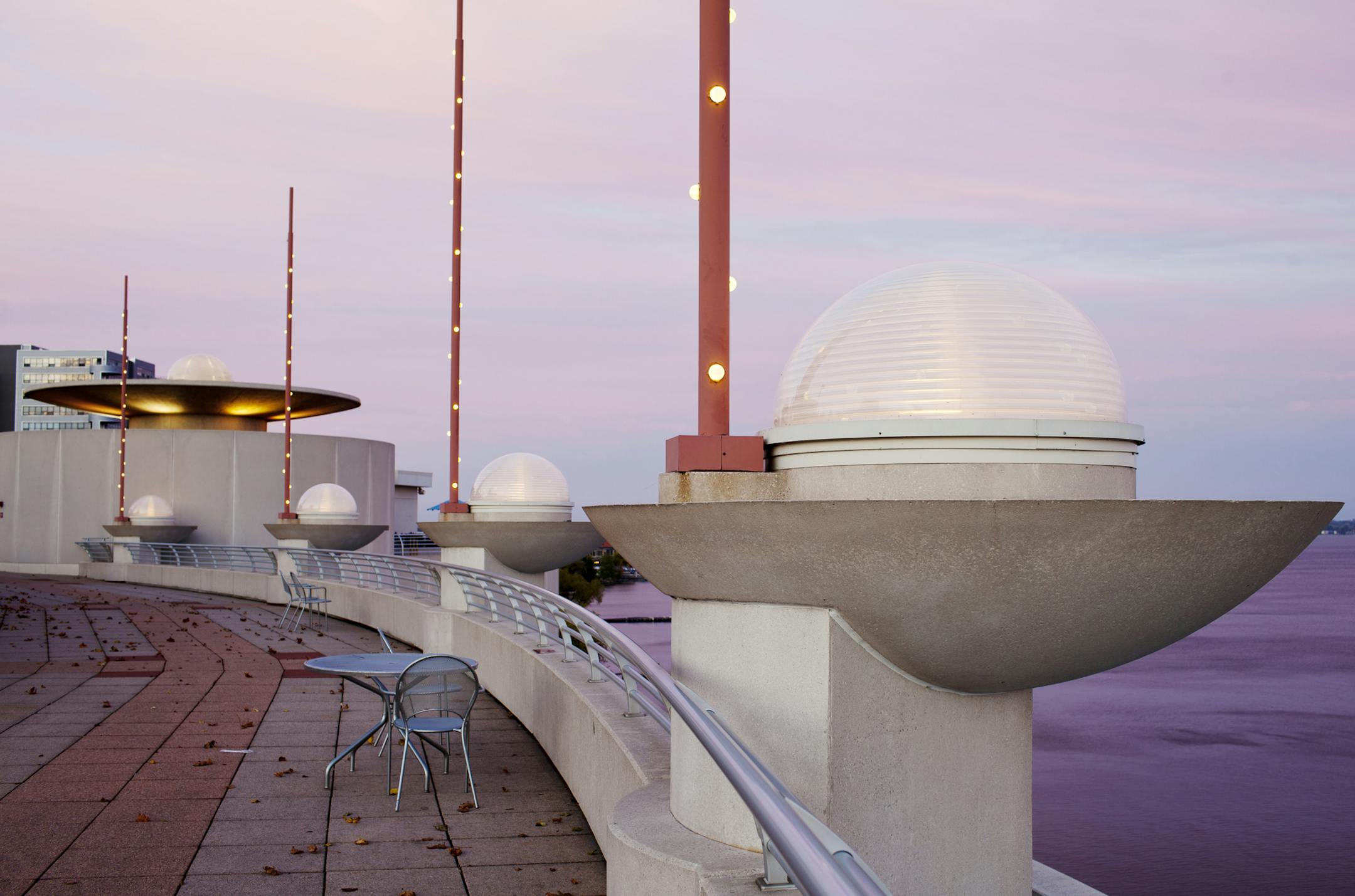 The rooftop terrace of the Monona Terrace Community and Convention designed by architect Frank Lloyd Wright in Madison, Wis., Oct. 12, 2011. Wright, who died in 1959 at age 91, was an elegant and imperious figure and his influences can be seen everywhere in his native state of Wisconsin. (Narayan Mahon/The New York Times) -- PHOTO MOVED IN ADVANCE AND NOT FOR USE - ONLINE OR IN PRINT - BEFORE OCT. 30, 2011.