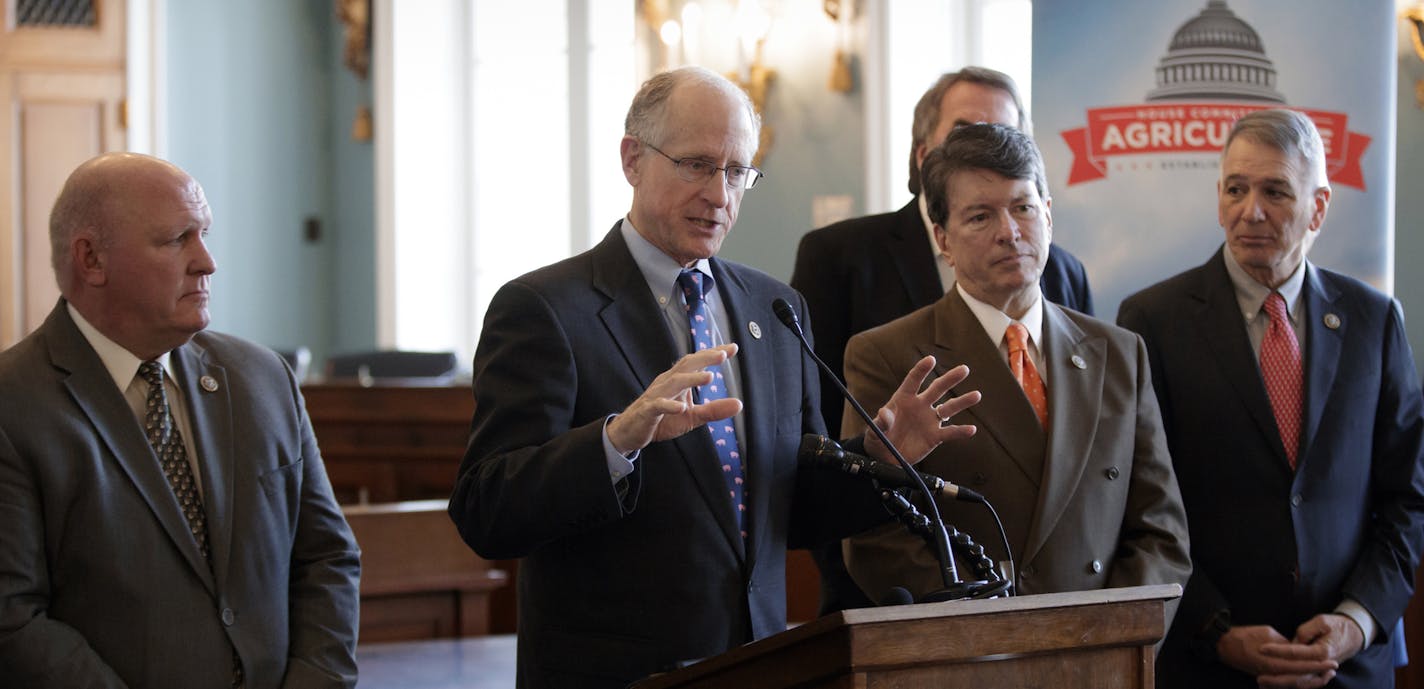 House Agriculture Committee Chairman Mike Conaway, R-Texas, joined from left by Vice Chairman Glenn Thompson, R-Pa., Rep. John Faso, R-N.Y., and Rep. Ralph Abraham, R-La., announces the new farm bill, officially known as the 2018 Agriculture and Nutrition Act, at a news conference on Capitol Hill in Washington, Thursday, April 12, 2018. The bulk of the bill's spending goes toward funding SNAP, the Supplemental Nutrition Assistance Program. (AP Photo/J. Scott Applewhite)