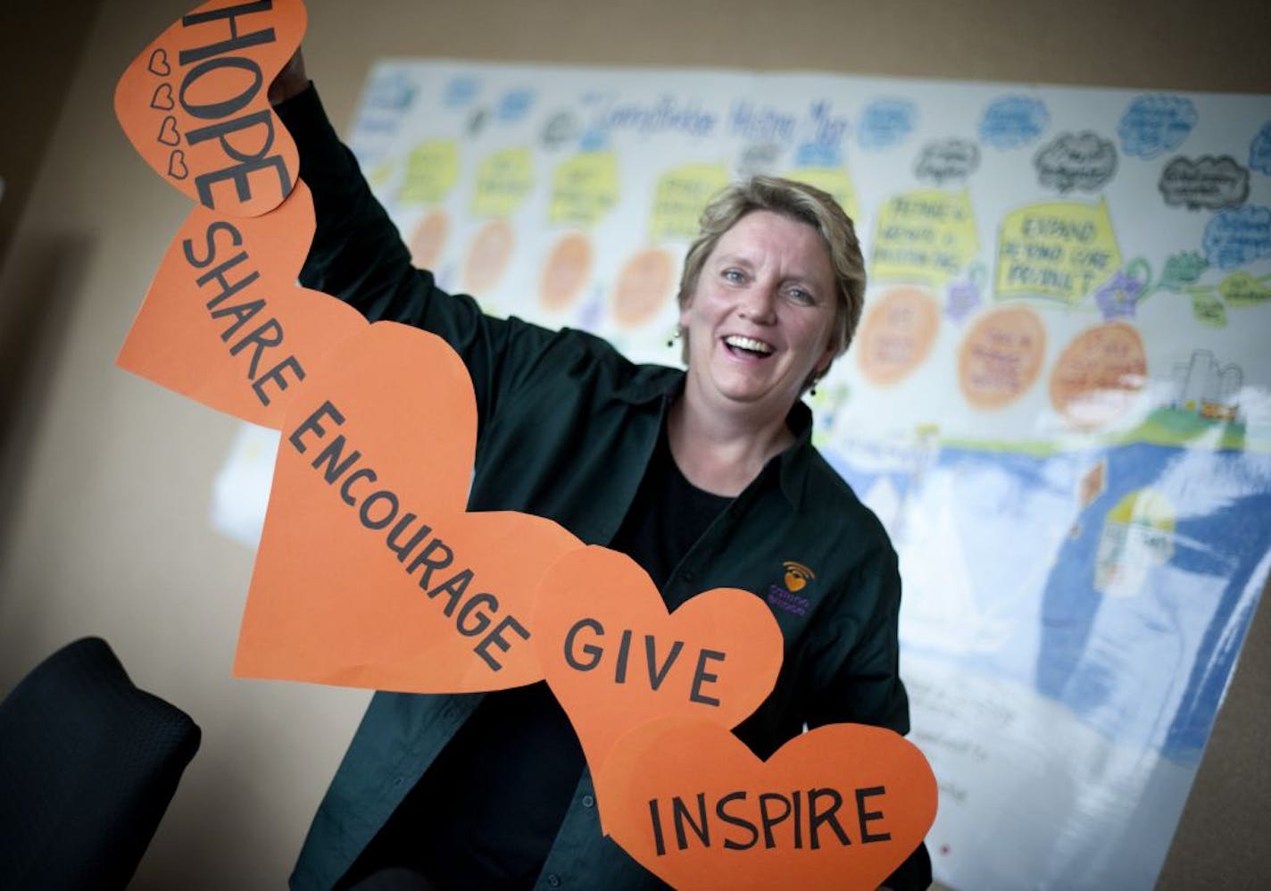 Sona Mehring, founder and executive director of CaringBridge, held some of the words that reflect the network's mission.