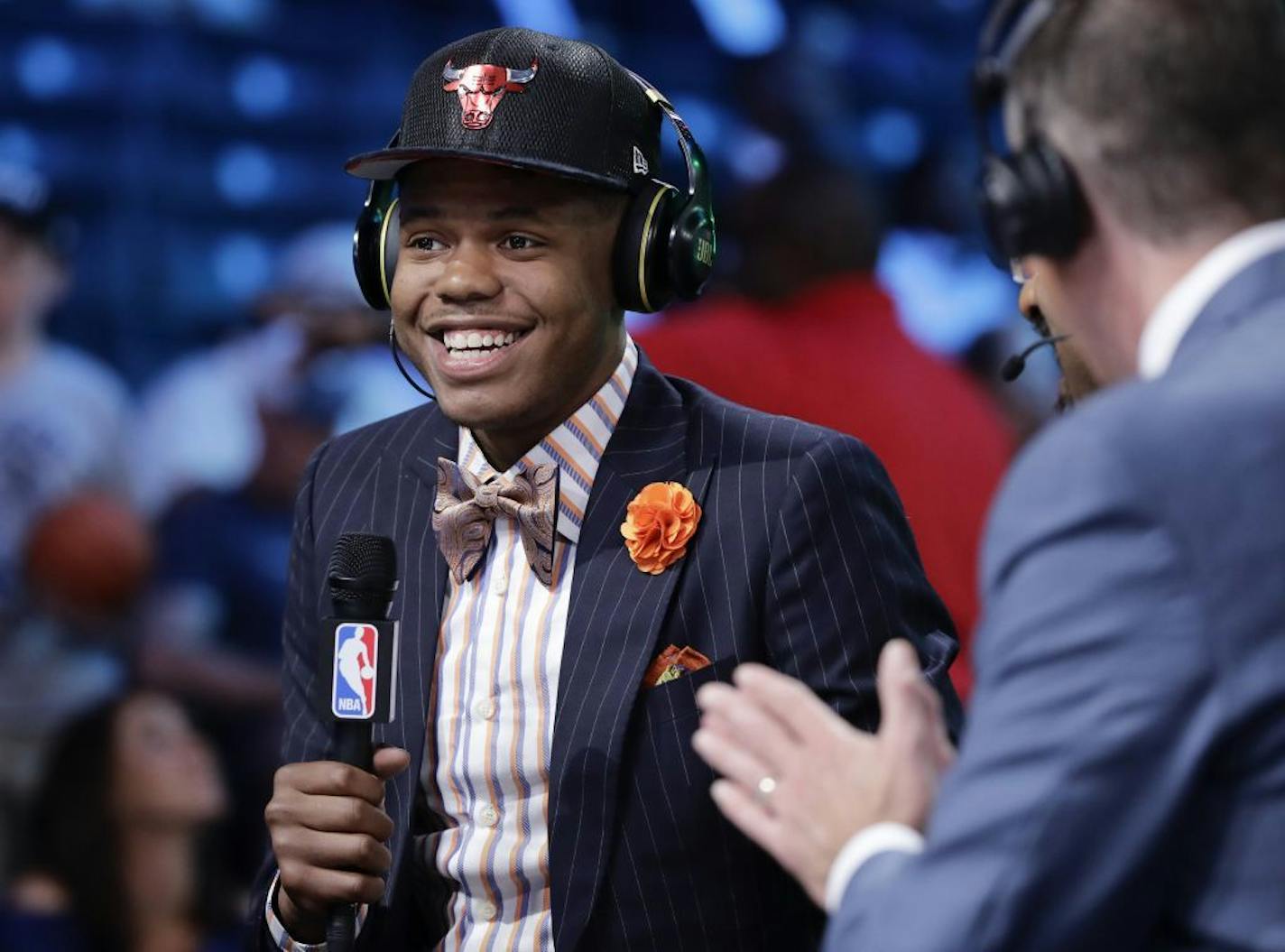 Justin Patton answers questions during an interview after being selected by the Chicago Bulls as the 16th pick overall during the NBA basketball draft, Thursday, June 22, 2017, in New York.