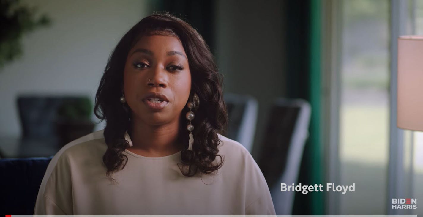 In a 30-second video, Bridgett Floyd recalls meeting with Joe Biden along with other members of her family after her brother was killed by Minneapolis police on May 25.