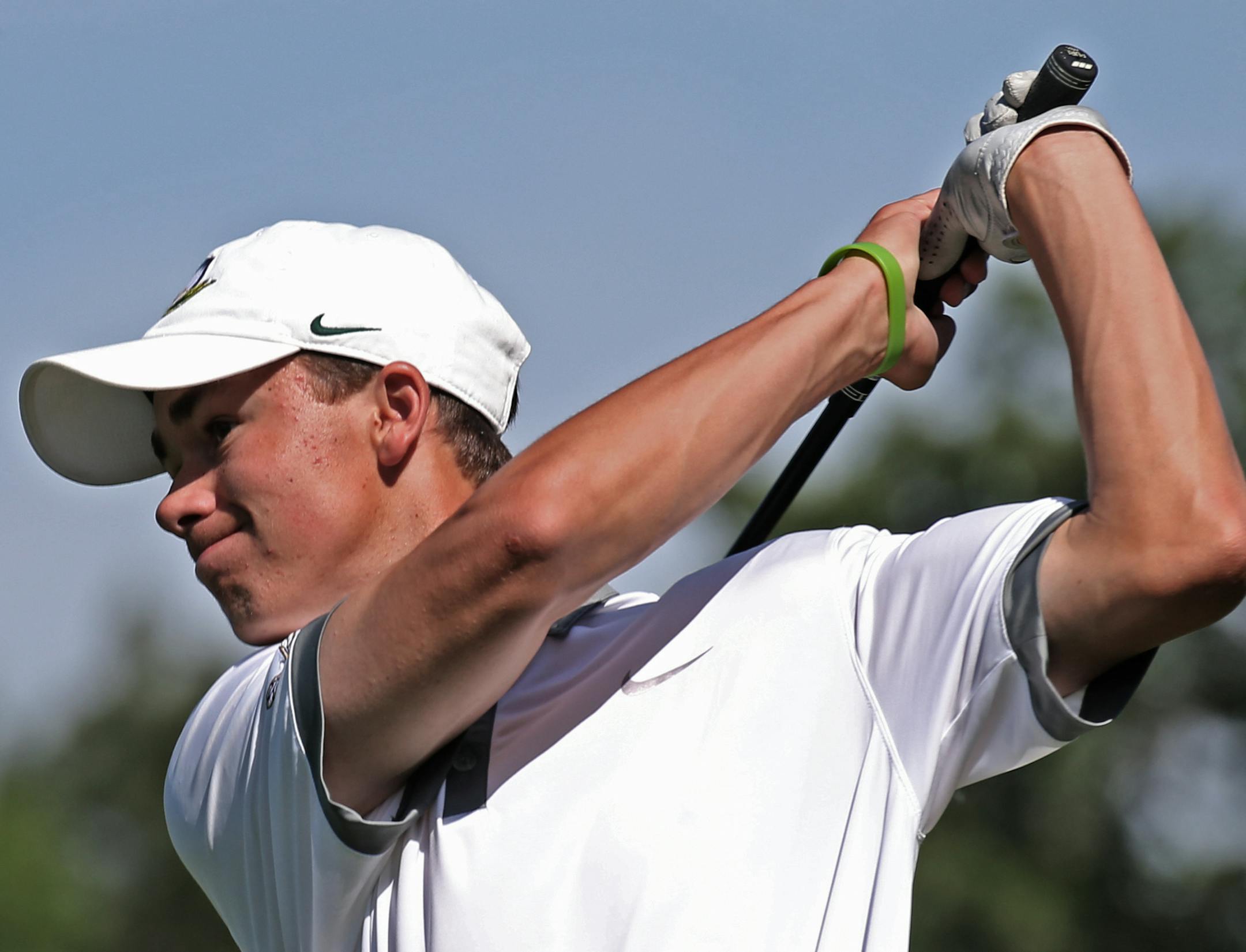 Sam Foust of Edina drove on the 4th hole of the west course during the Class AAA Boys Golf Tournament at Bunker Hills Golf Course, Coon Rapids on 6/10/14.] Bruce Bisping/Star Tribune bbisping@startribune.com Sam Foust/roster.