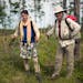Cameron Loew, left, (trail name BlueBerry) and Ryan Carpenter (Green Tortuga) held up near a clear-cut near Reeves Falls north of Two Harbors. They we