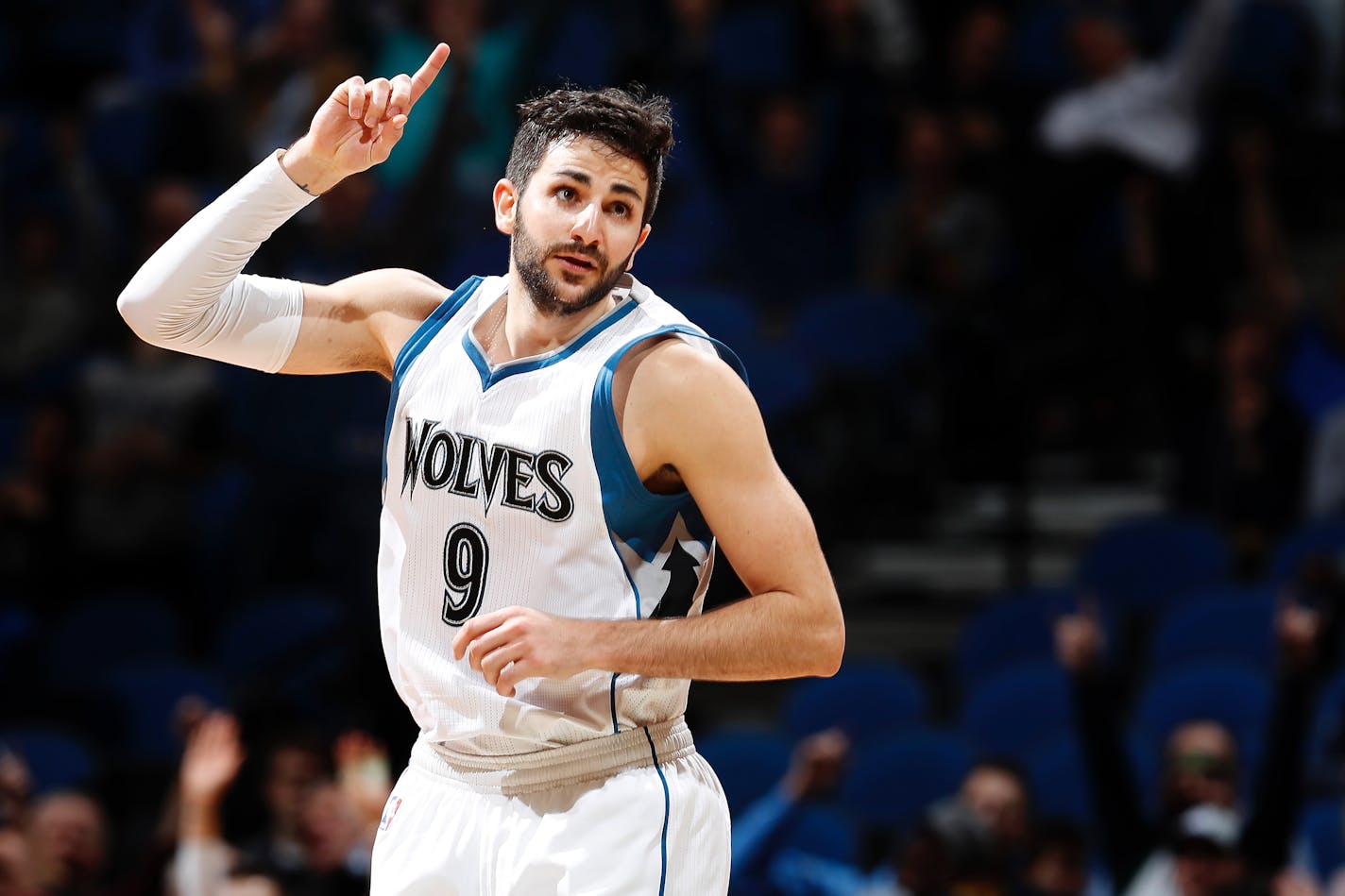 Ricky Rubio (9) reacted after hitting a three point shot in the third quarter.