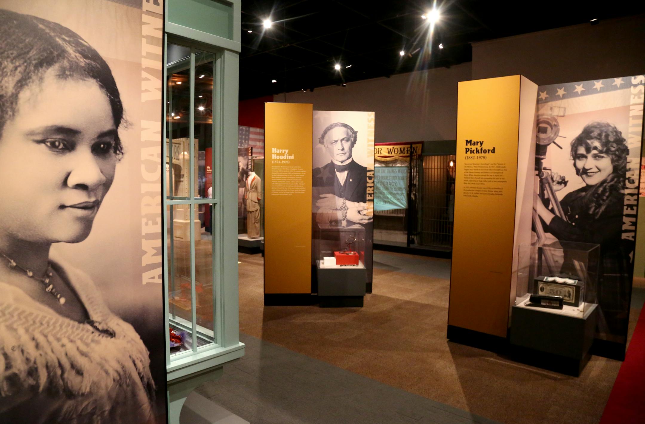 A behind-the-scenes look at the Minnesota History Center's new World War I exhibit, set to open Saturday in St. Paul and may become a traveling exhibit. Here, Madam C.J. Walker, left to right, Harry Houdini and Mary Pickford were among the important American figures during the time of WWI and depicted in the exhibit Tuesday, April 4, 2017, in St. Paul, MN.] DAVID JOLES � david.joles@startribune.com A behind-the-scenes look at the Minnesota History Center's new World War I exhibit, set to open Sa