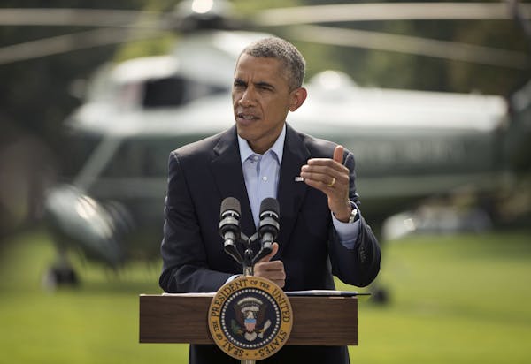 President Barack Obama speaks on the South Lawn of the White House in Washington, Saturday, Aug. 9, 2014, about ongoing situation in Iraq before his d