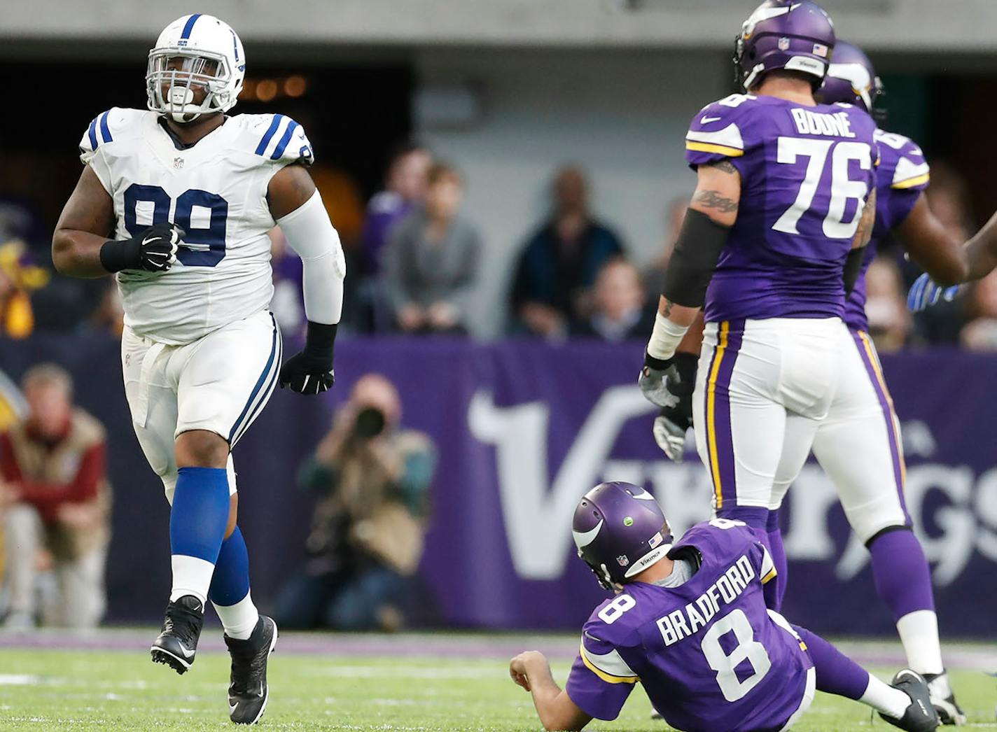 Indianapolis Colts defensive tackle T.Y. McGill (99) celebrated his 9-yard sack in the forth quarter on Minnesota Vikings quarterback Sam Bradford (8) at U.S. Bank Stadium Sunday December 18,2016 in Minneapolis, MN.